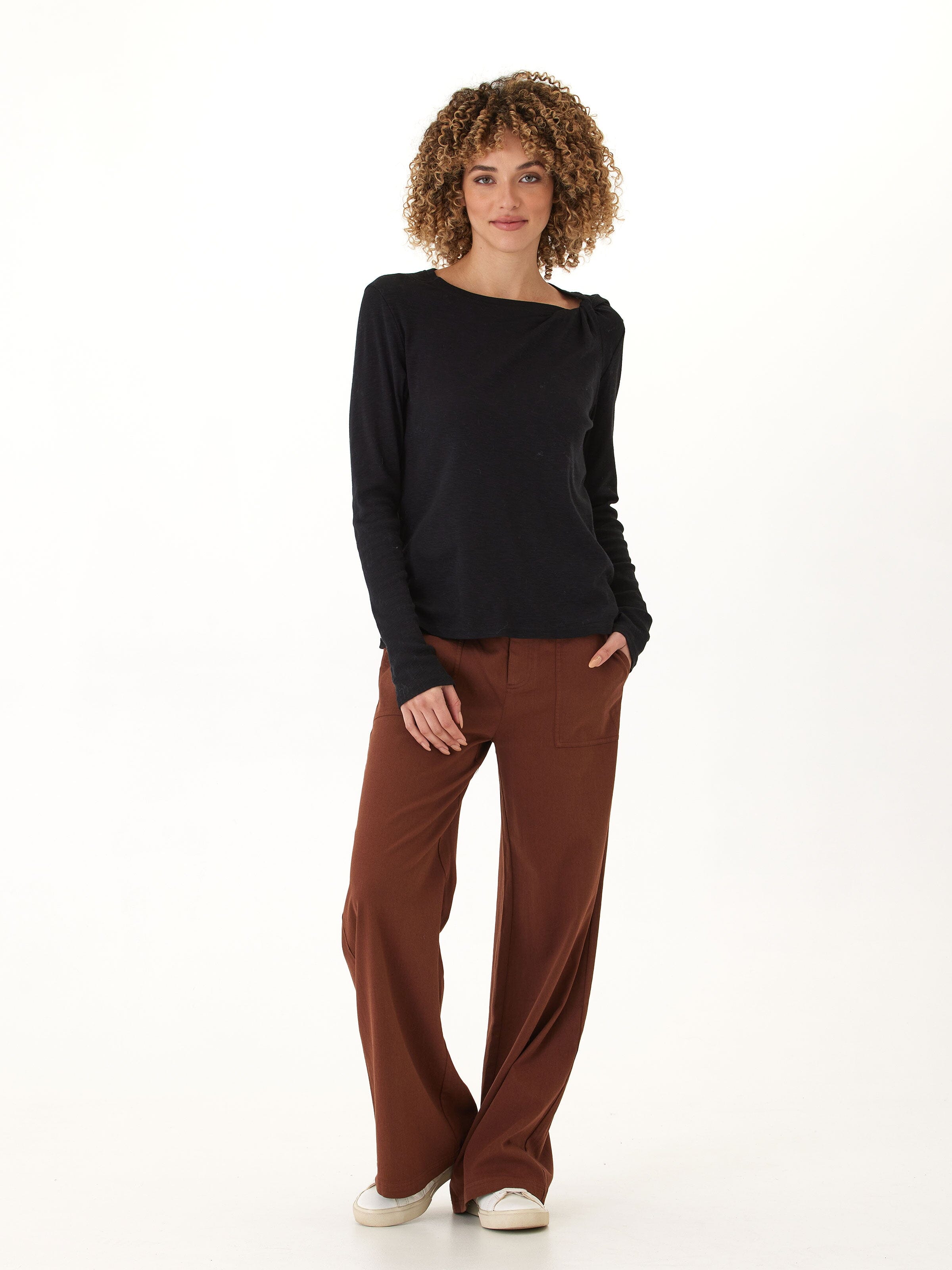 Francine Textured Slub Jersey Twist Long Sleeve Top in Black