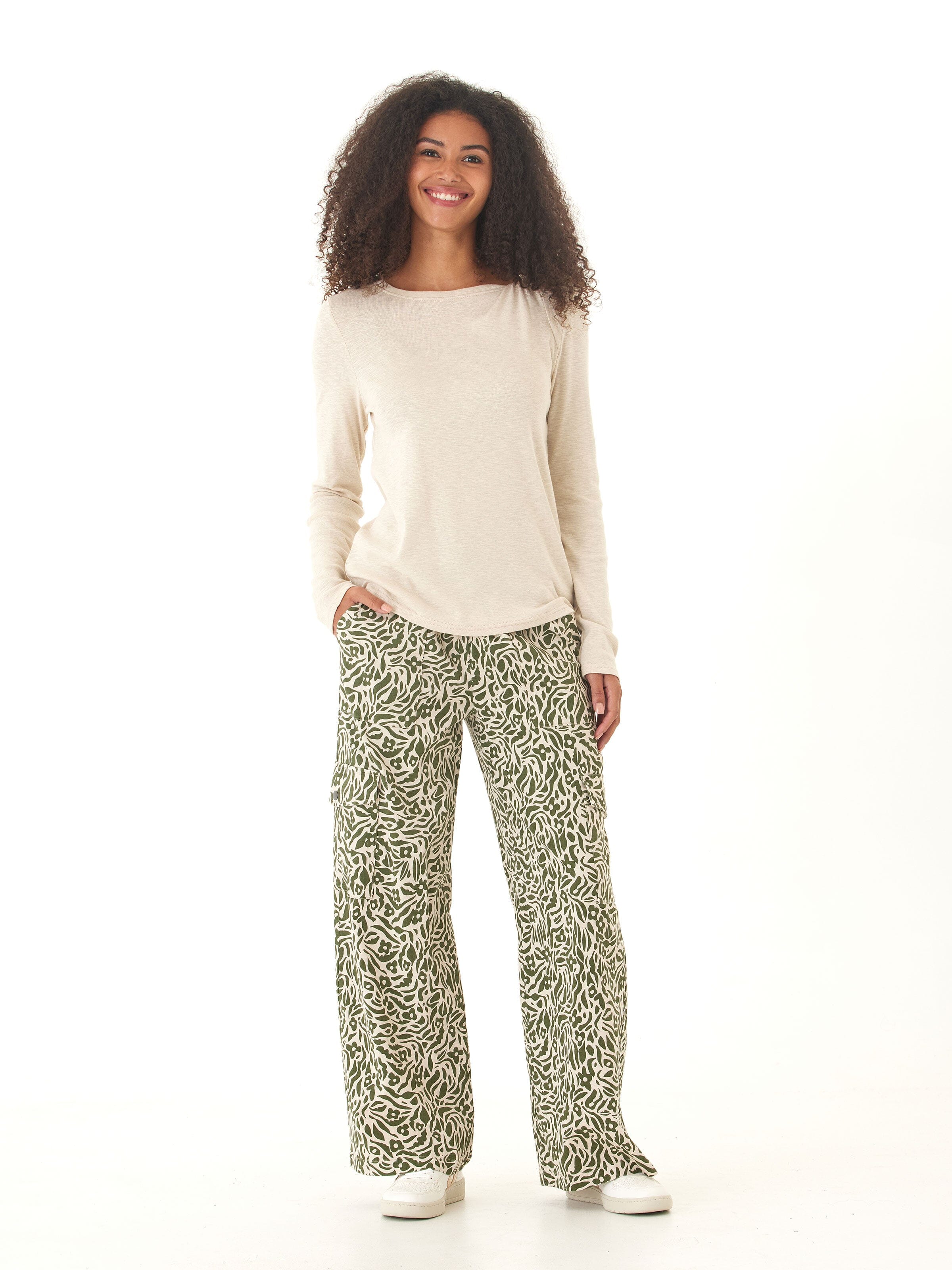Eila Floral Print Stretch Twill Wide Leg Cargo Pant - Olive/Cream