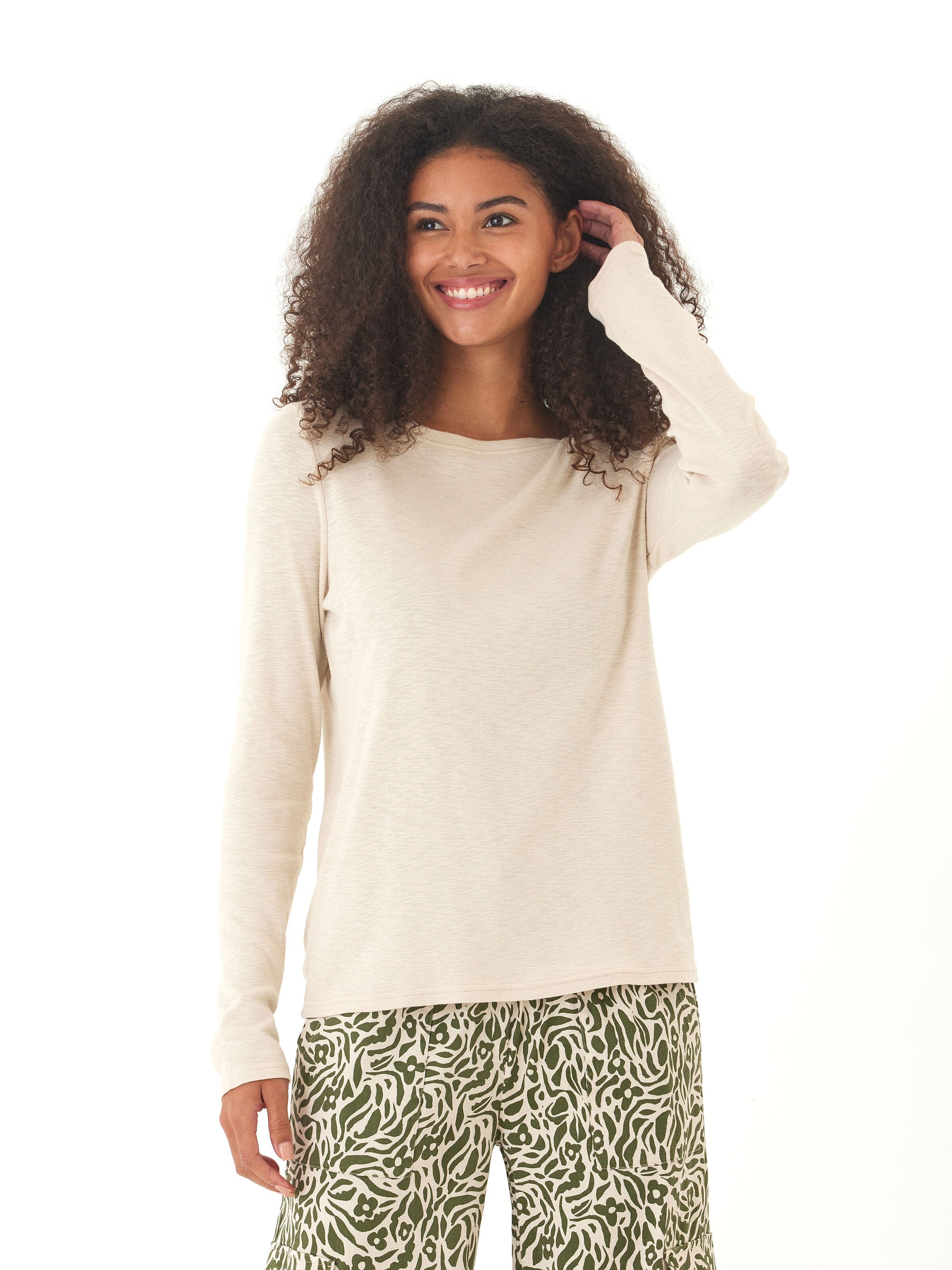 Women's beige long sleeve slub jersey top with twisted shoulder detail