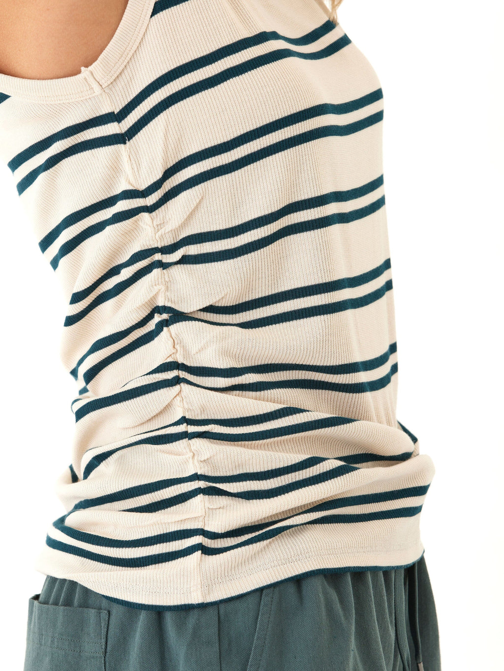 Feather Rib Ruched Tank Top with Scoop Neckline and Stripe Print