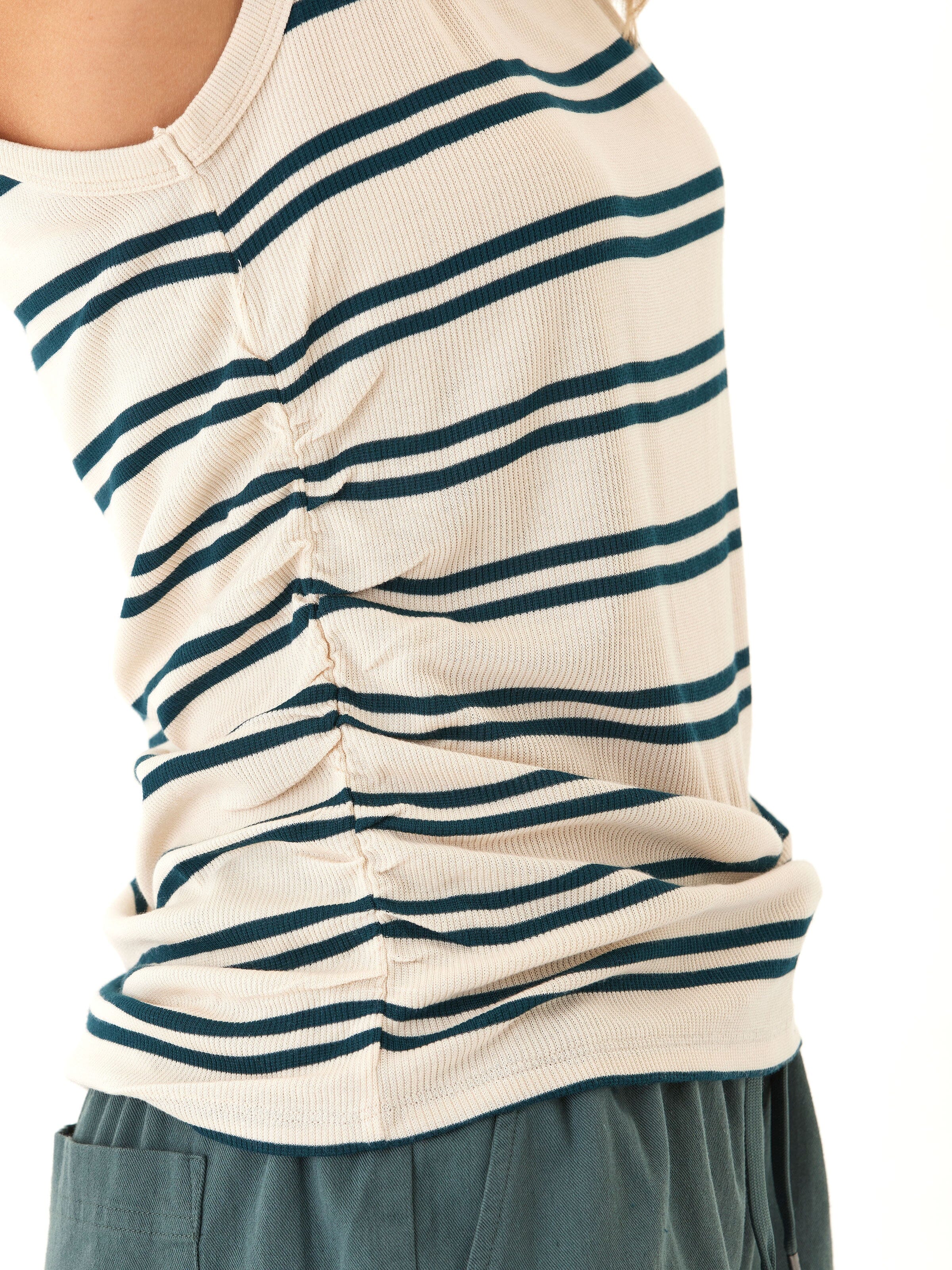 Feather Rib Ruched Tank Top with Scoop Neckline and Stripe Print