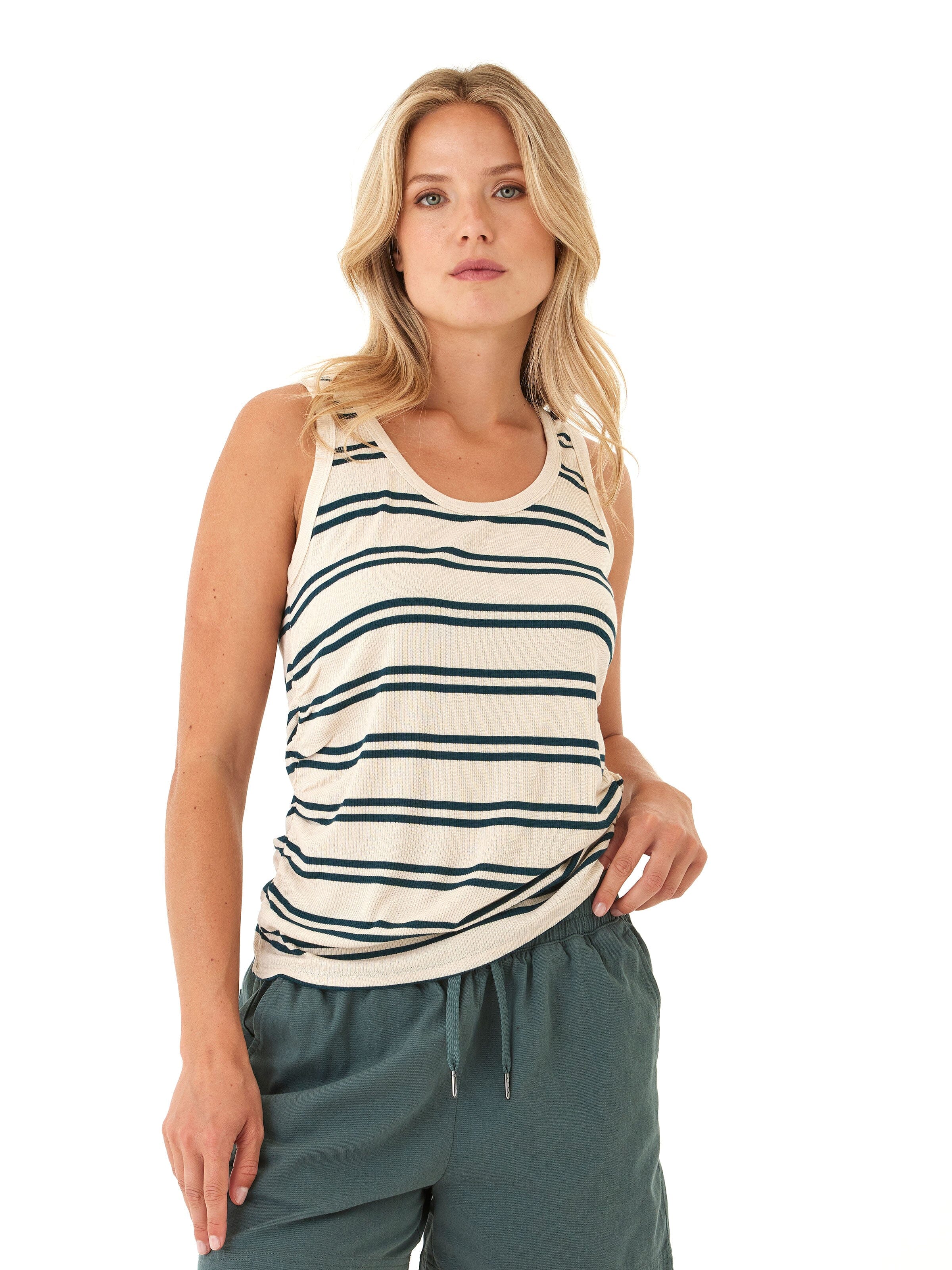 Feather Rib Ruched Tank Top with Scoop Neckline and Stripe Print