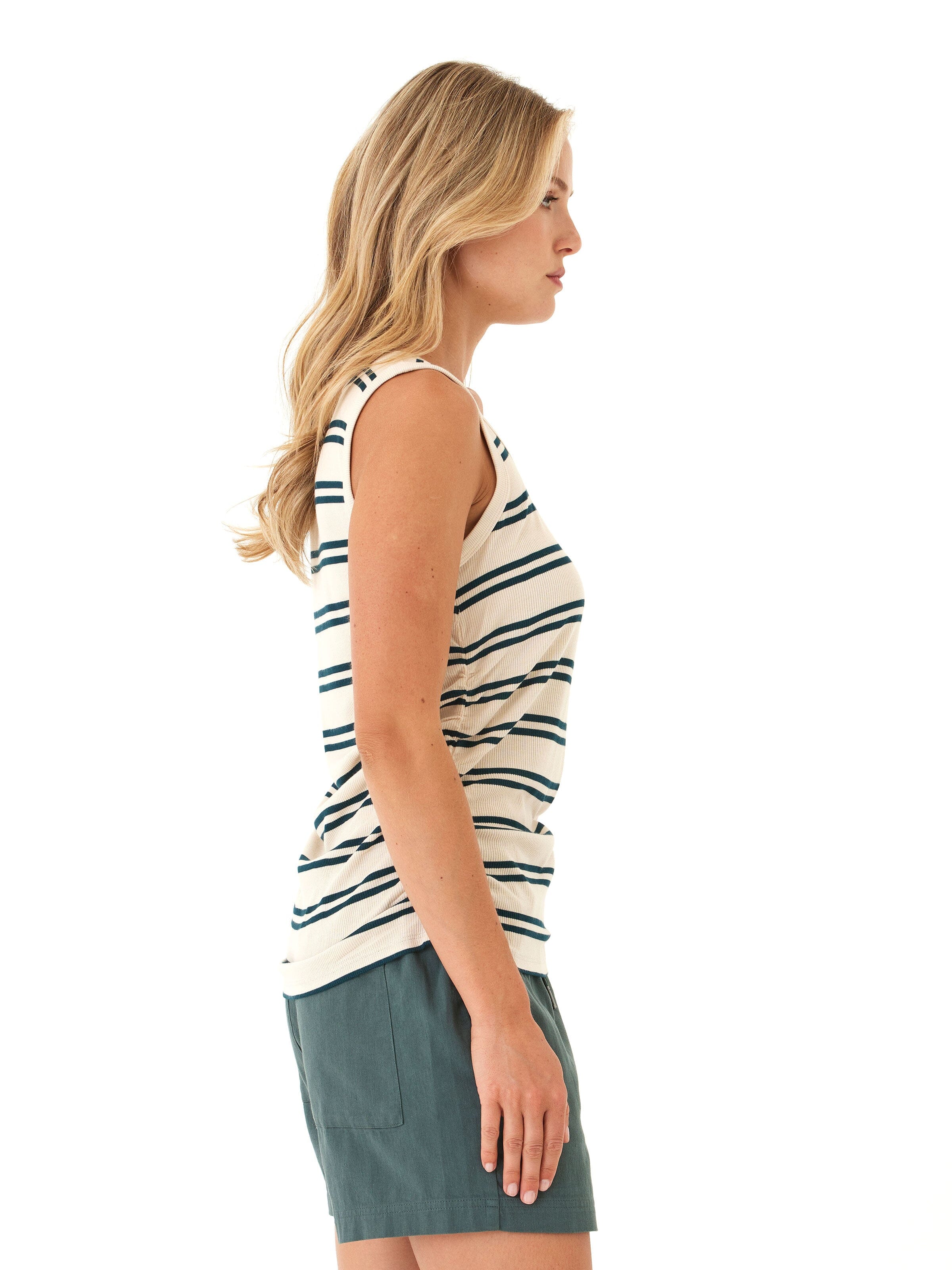 Feather Rib Ruched Tank Top with Scoop Neckline and Stripe Print
