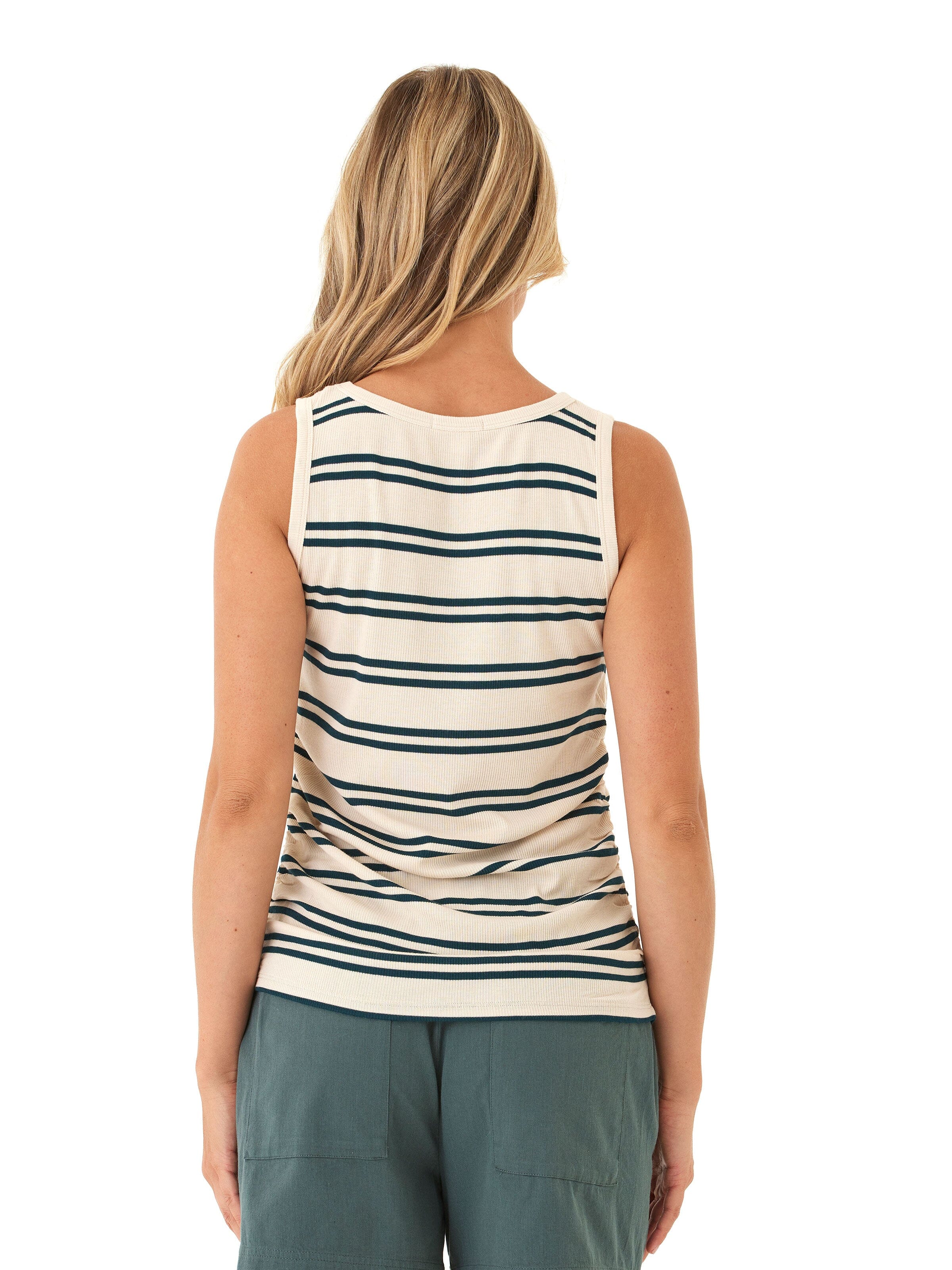 Feather Rib Ruched Tank Top with Scoop Neckline and Stripe Print