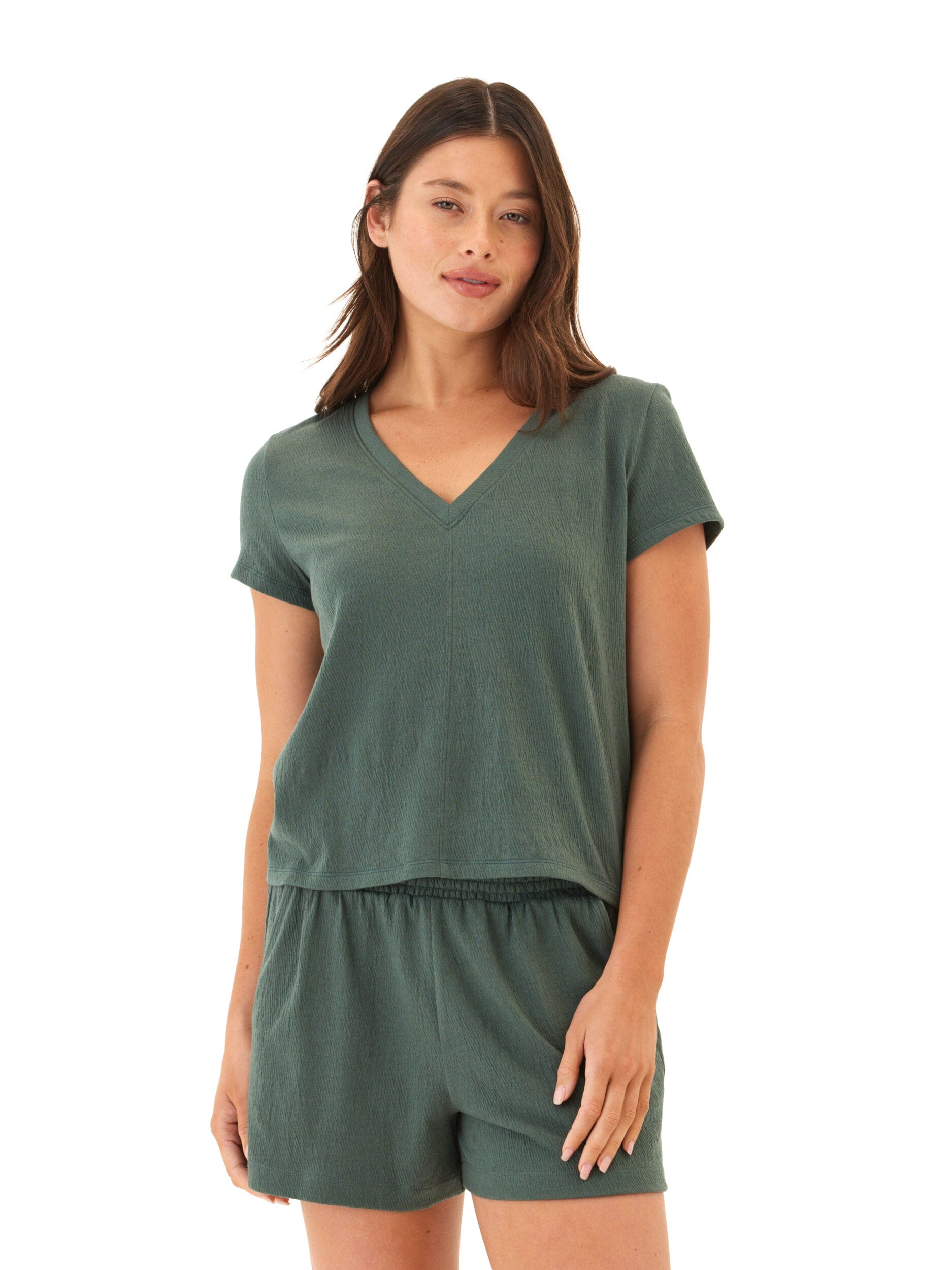 Aylani Smocked Jersey V-Neck Top in Dark Green