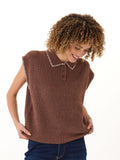 Julieta cozy solid knit sleeveless sweater polo in brown and cream