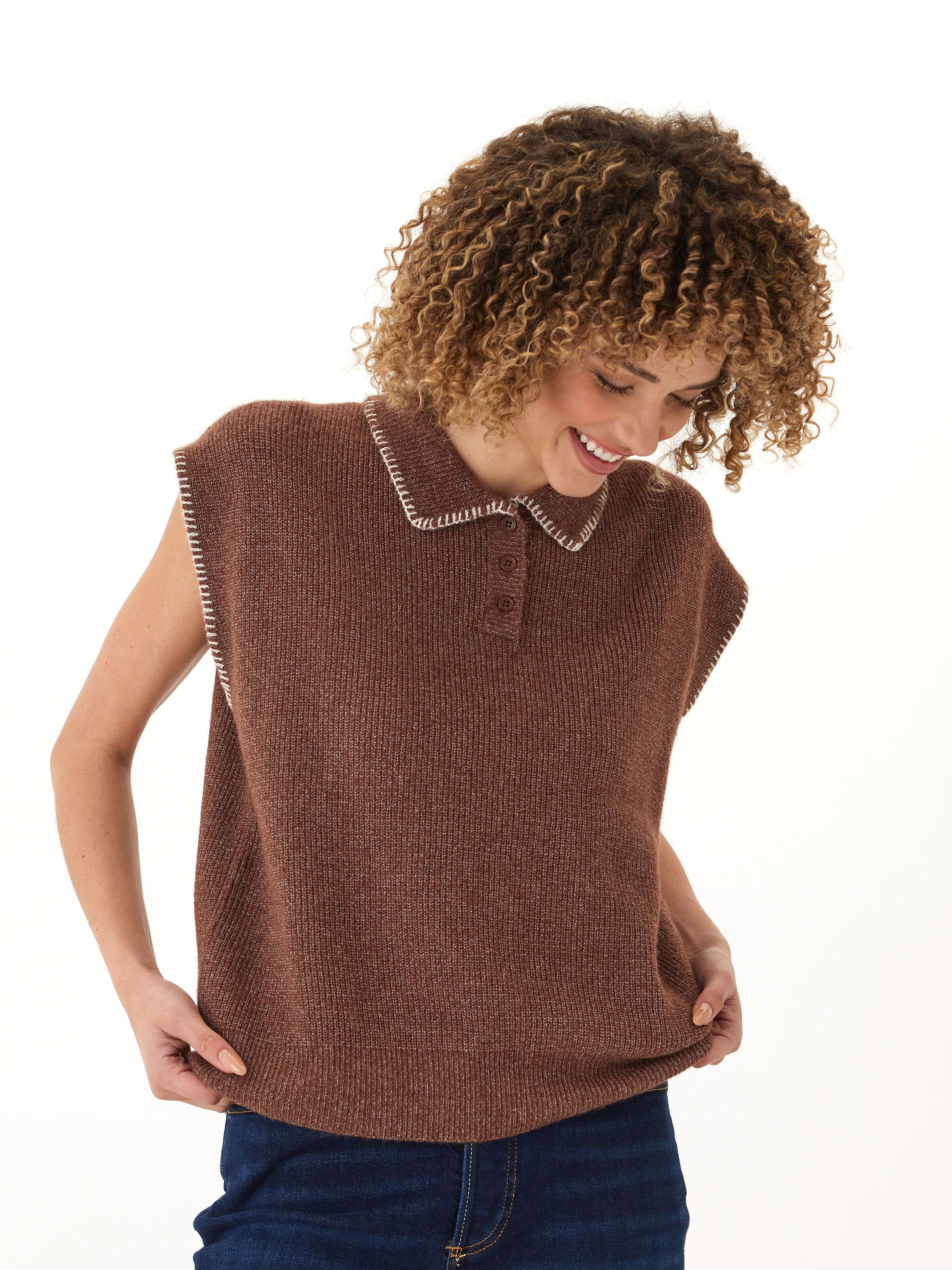 Julieta cozy solid knit sleeveless sweater polo in brown and cream