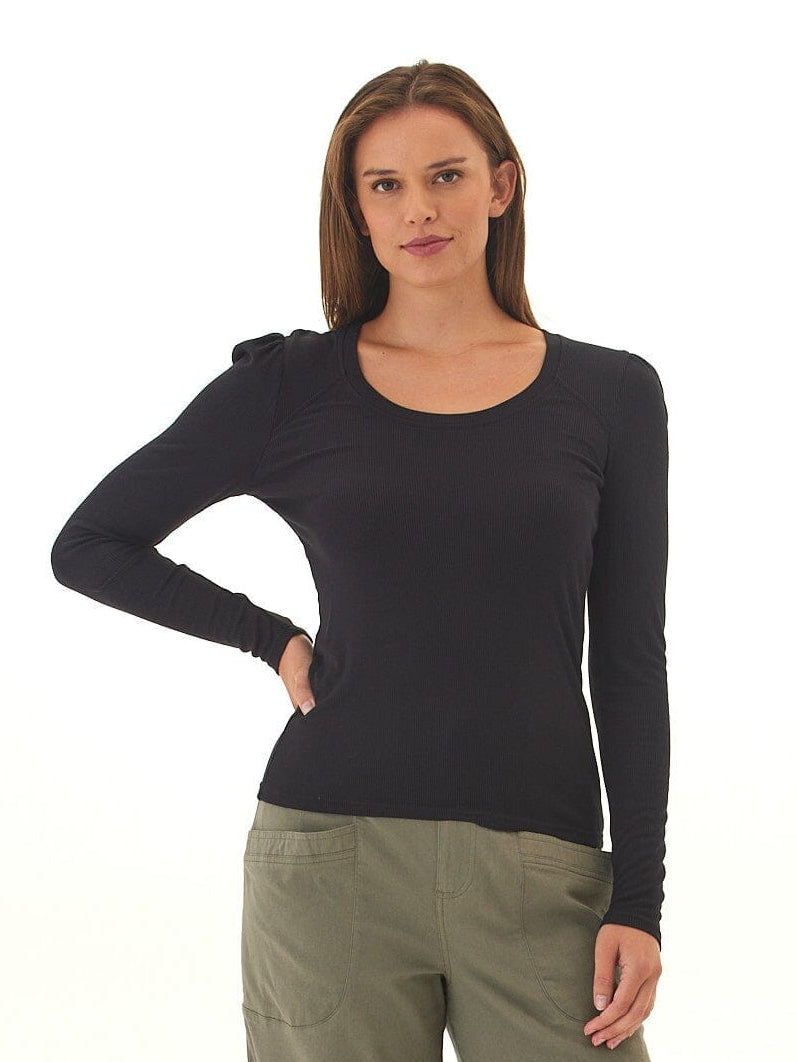 Nimia Feather Rib Puff Shoulder Top in Black