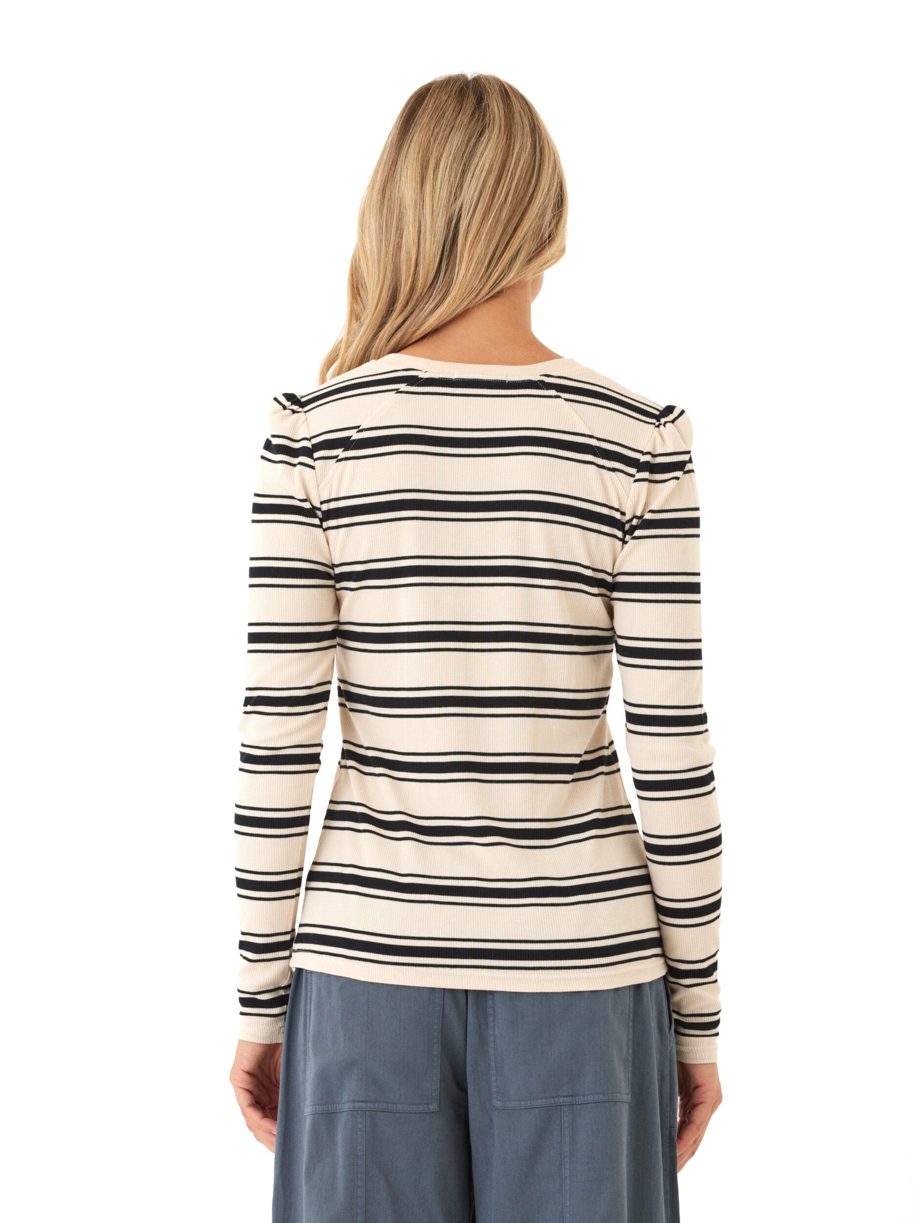 Feather Rib Puff Shoulder Top in Beige and Black