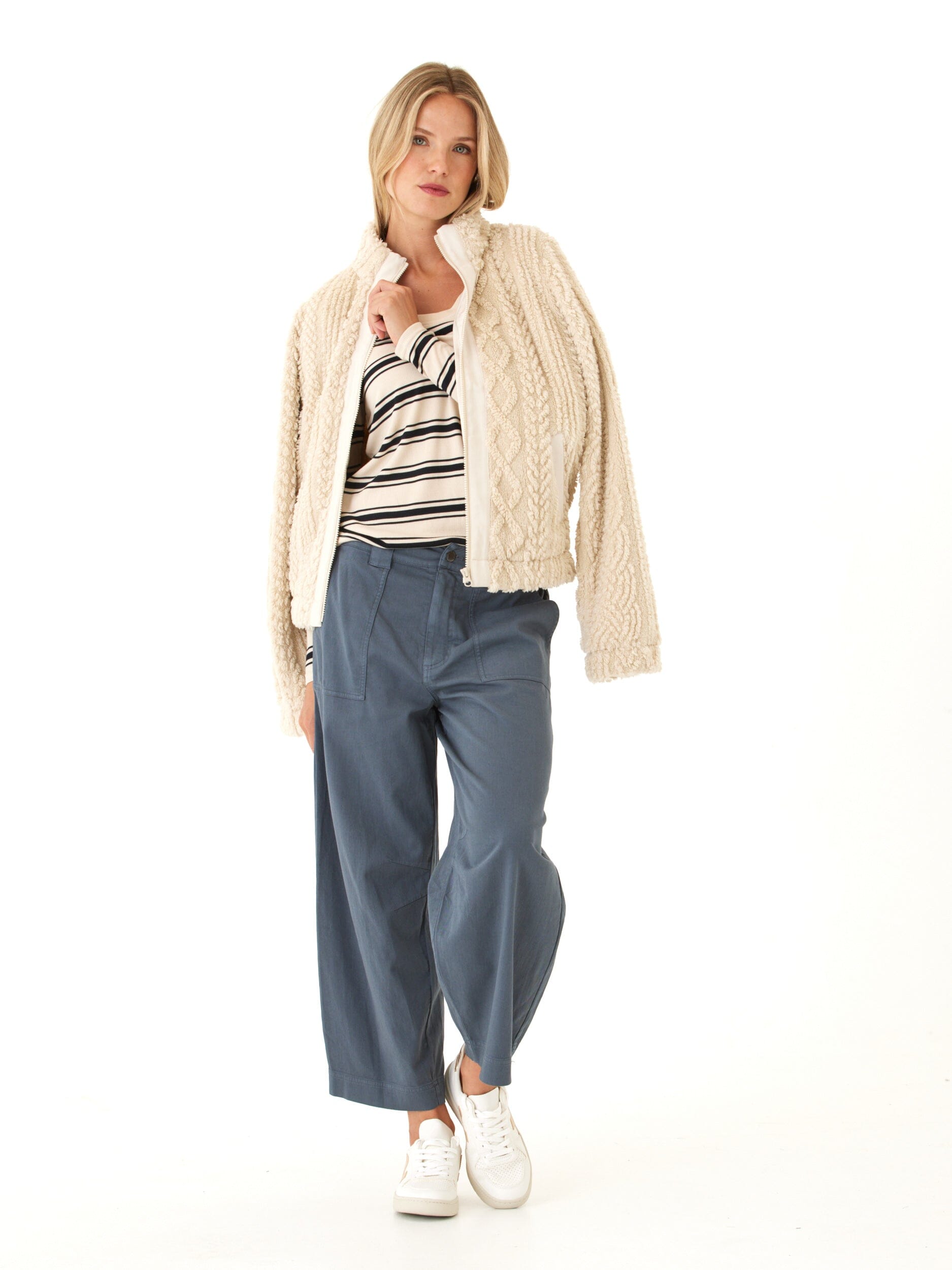 Feather Rib Puff Shoulder Top in Beige and Black