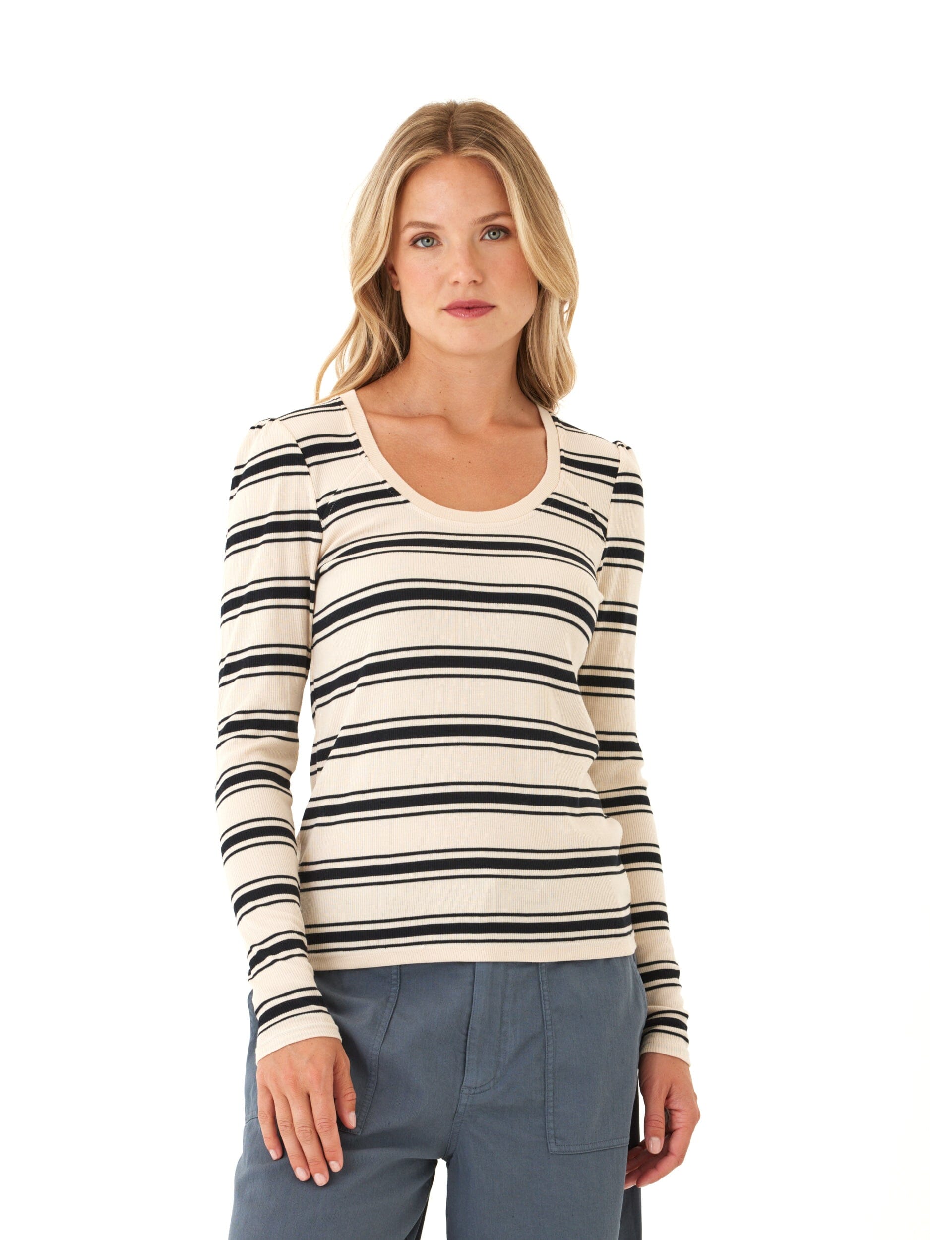 Feather Rib Puff Shoulder Top in Beige and Black