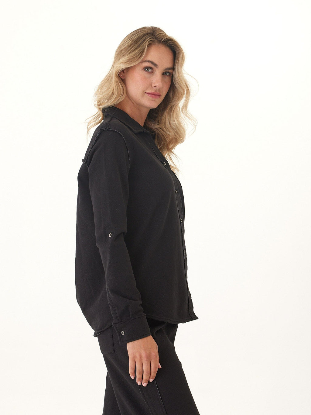 Kalynn Cotton Blend Terry Button-Down Shirt in Black