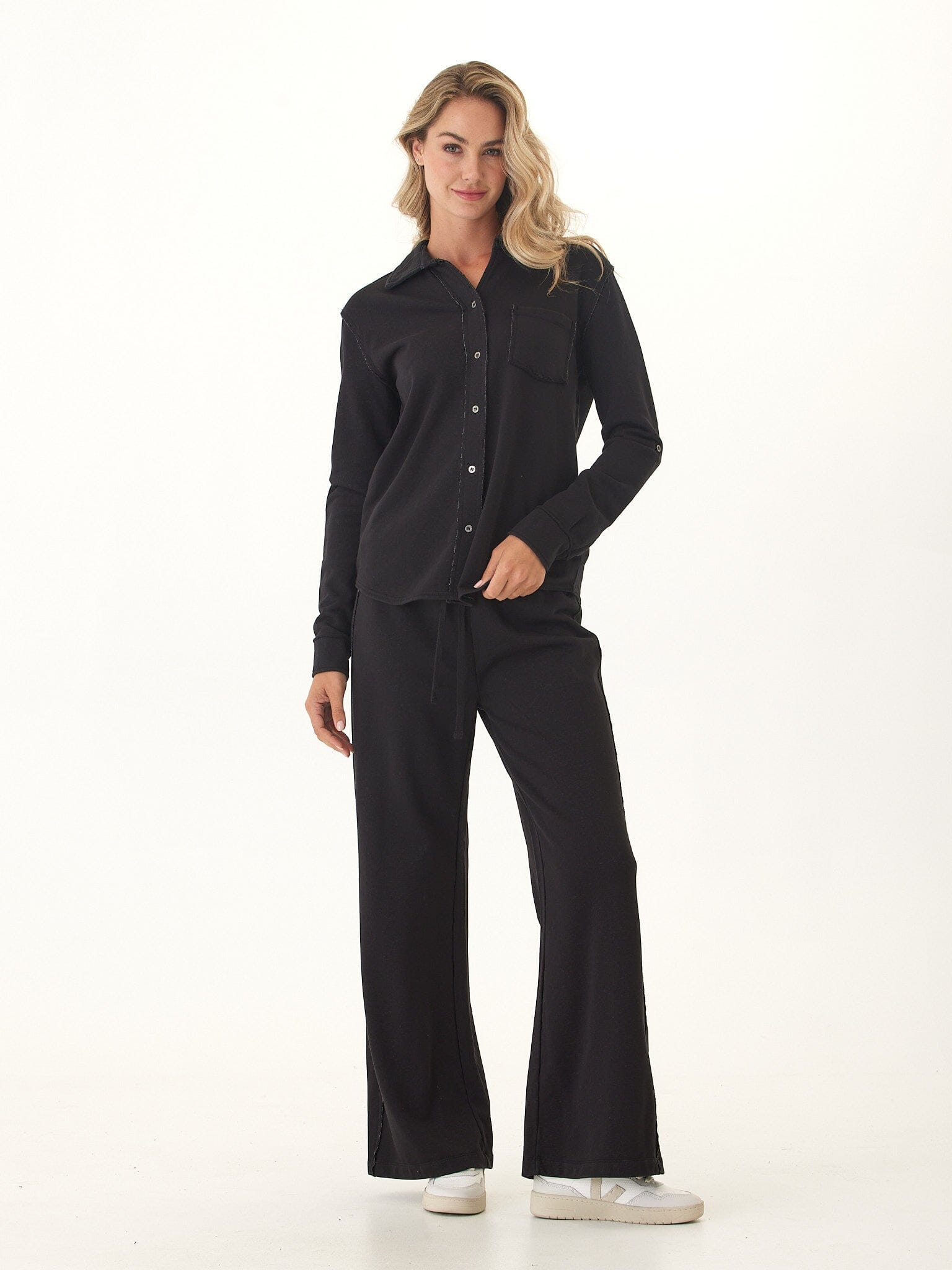 Kalynn Cotton Blend Terry Button-Down Shirt in Black