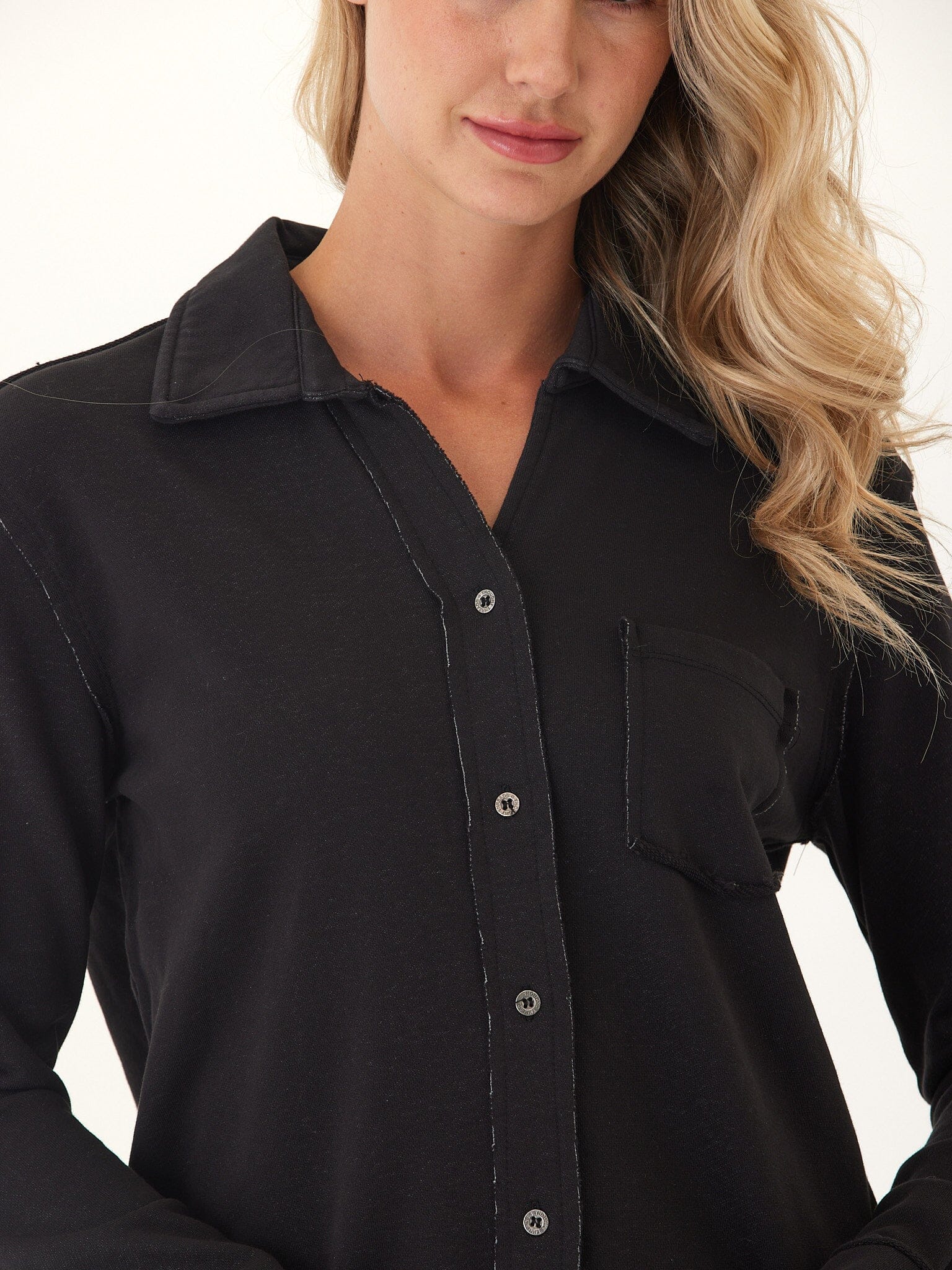Women's black Kalynn cotton blend terry button-down shirt with exposed seams.