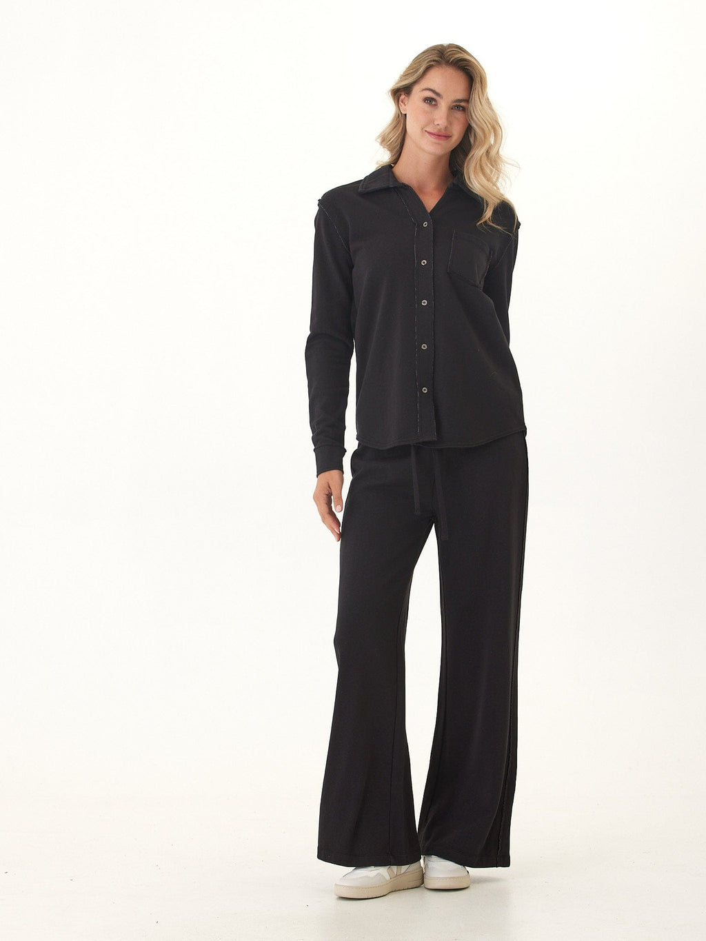 Kalynn Cotton Blend Terry Button-Down Shirt in Black
