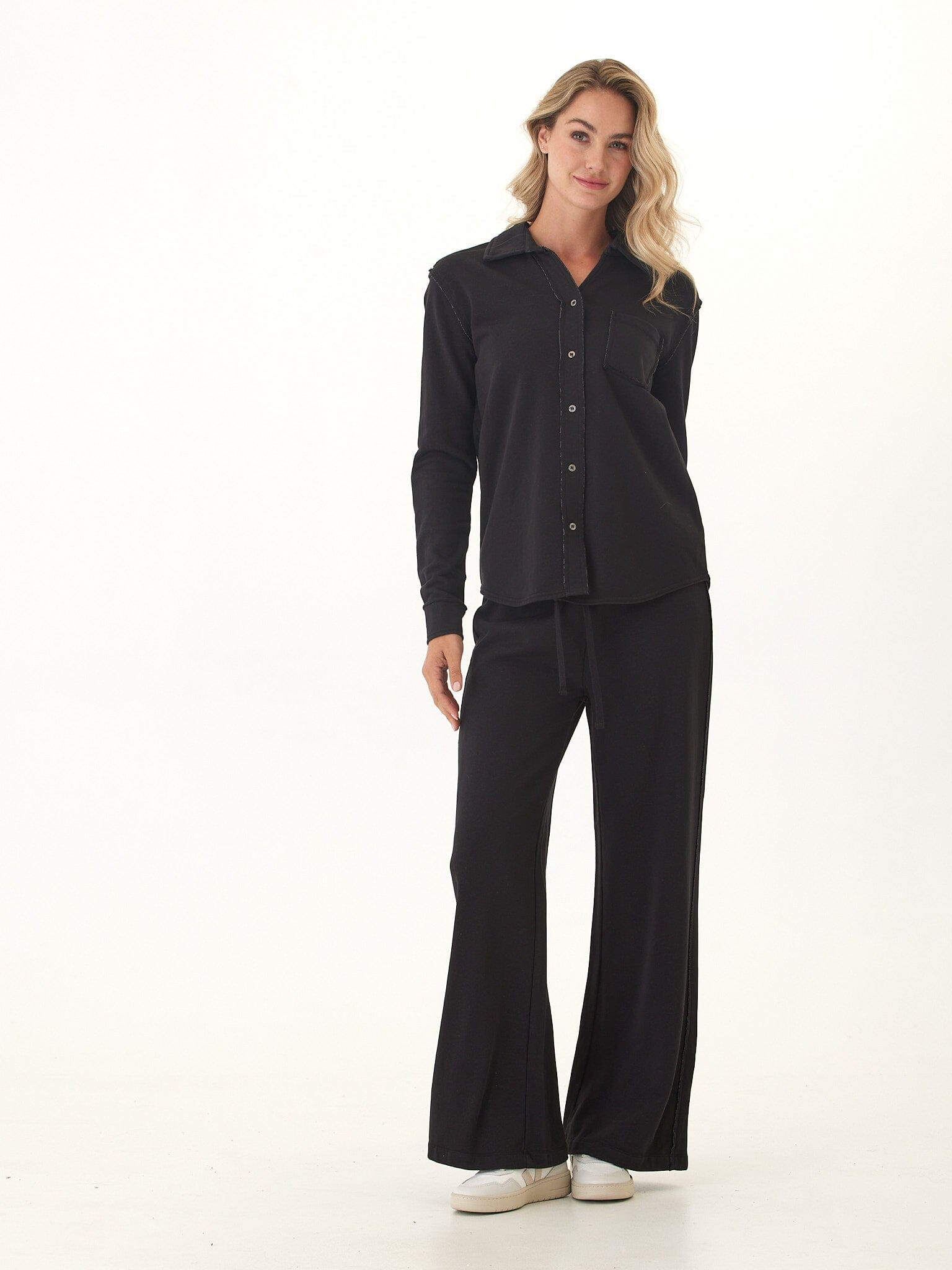 Kalynn Cotton Blend Terry Button-Down Shirt in Black