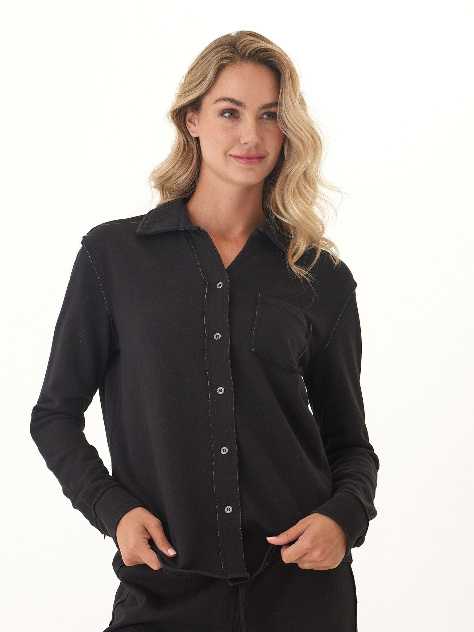 Kalynn Cotton Blend Terry Button-Down Shirt in Black
