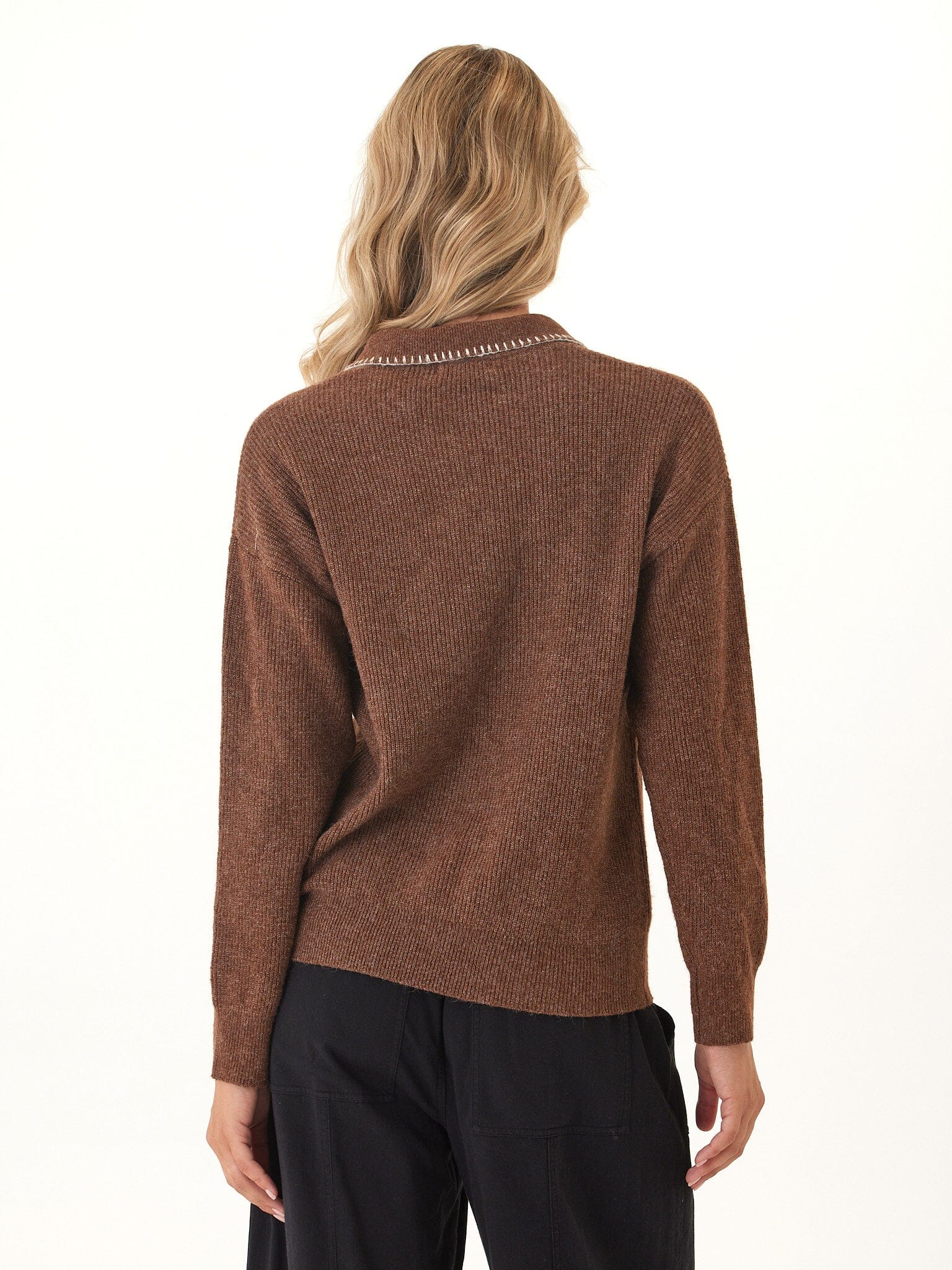 Julieta Solid Knit Long Sleeve Polo Sweater in Praline