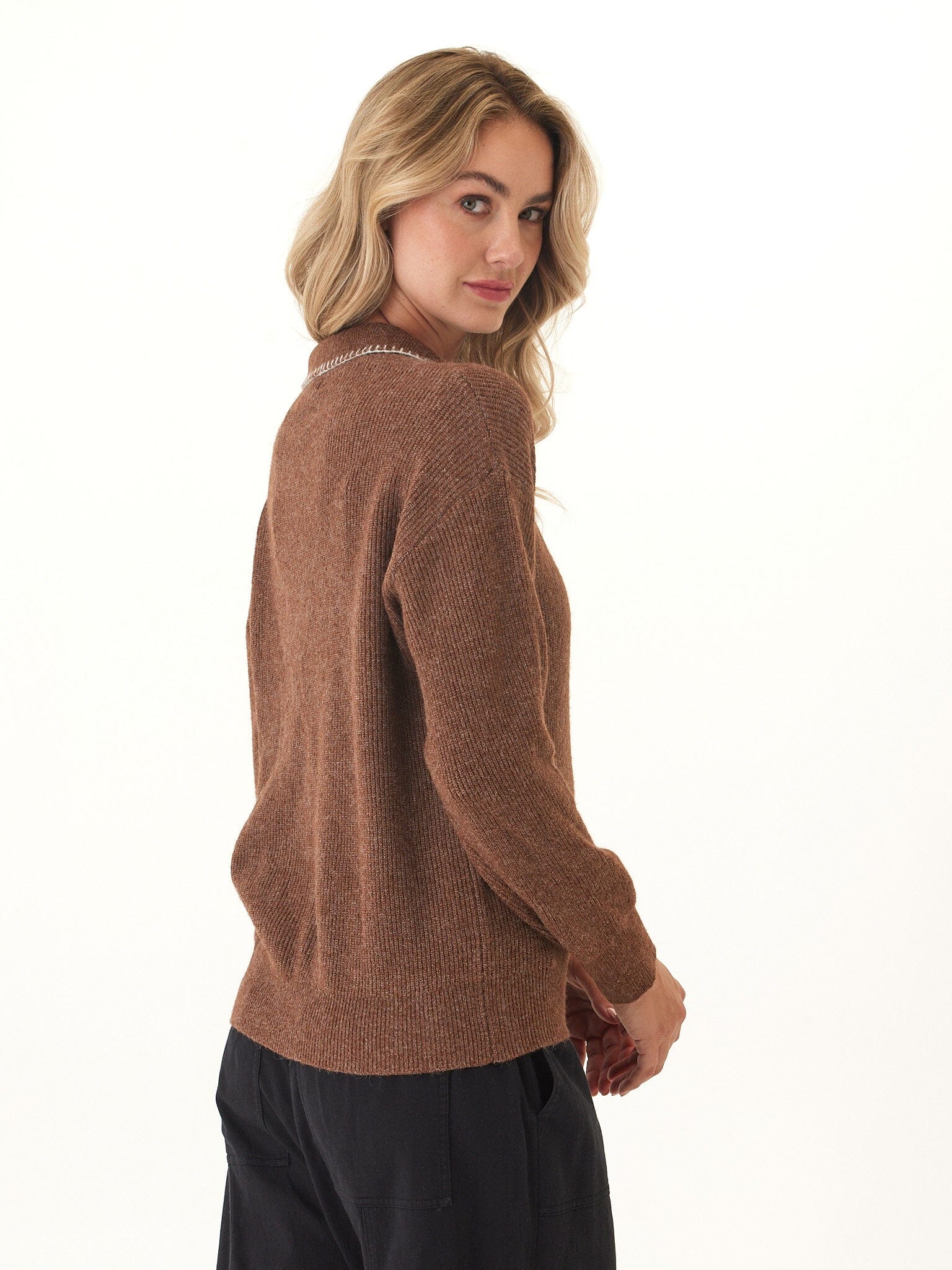 Julieta Solid Knit Long Sleeve Polo Sweater in Praline