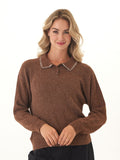 Julieta long sleeve knit polo sweater in praline brown with button collar