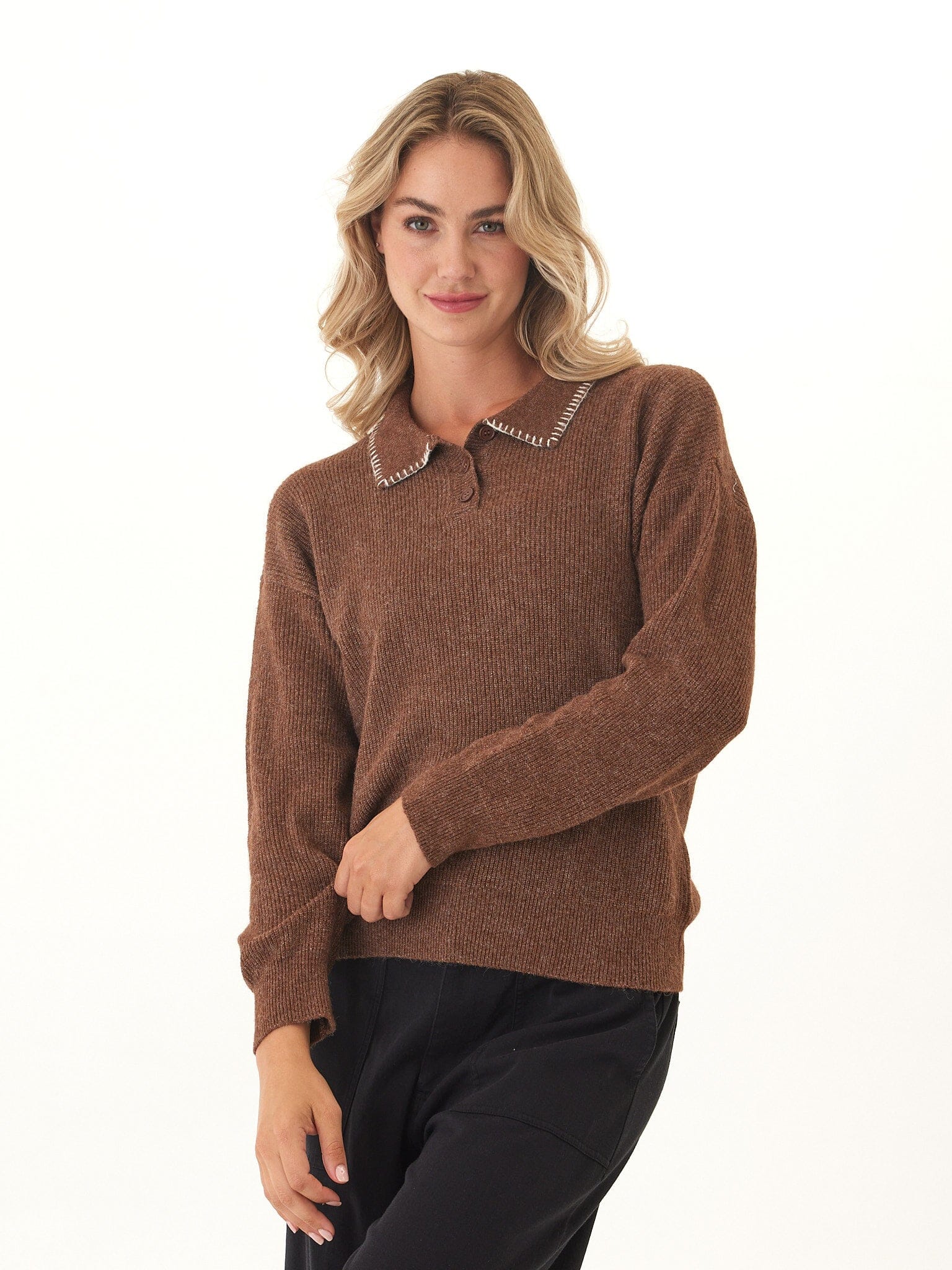 Julieta Solid Knit Long Sleeve Polo Sweater in Praline