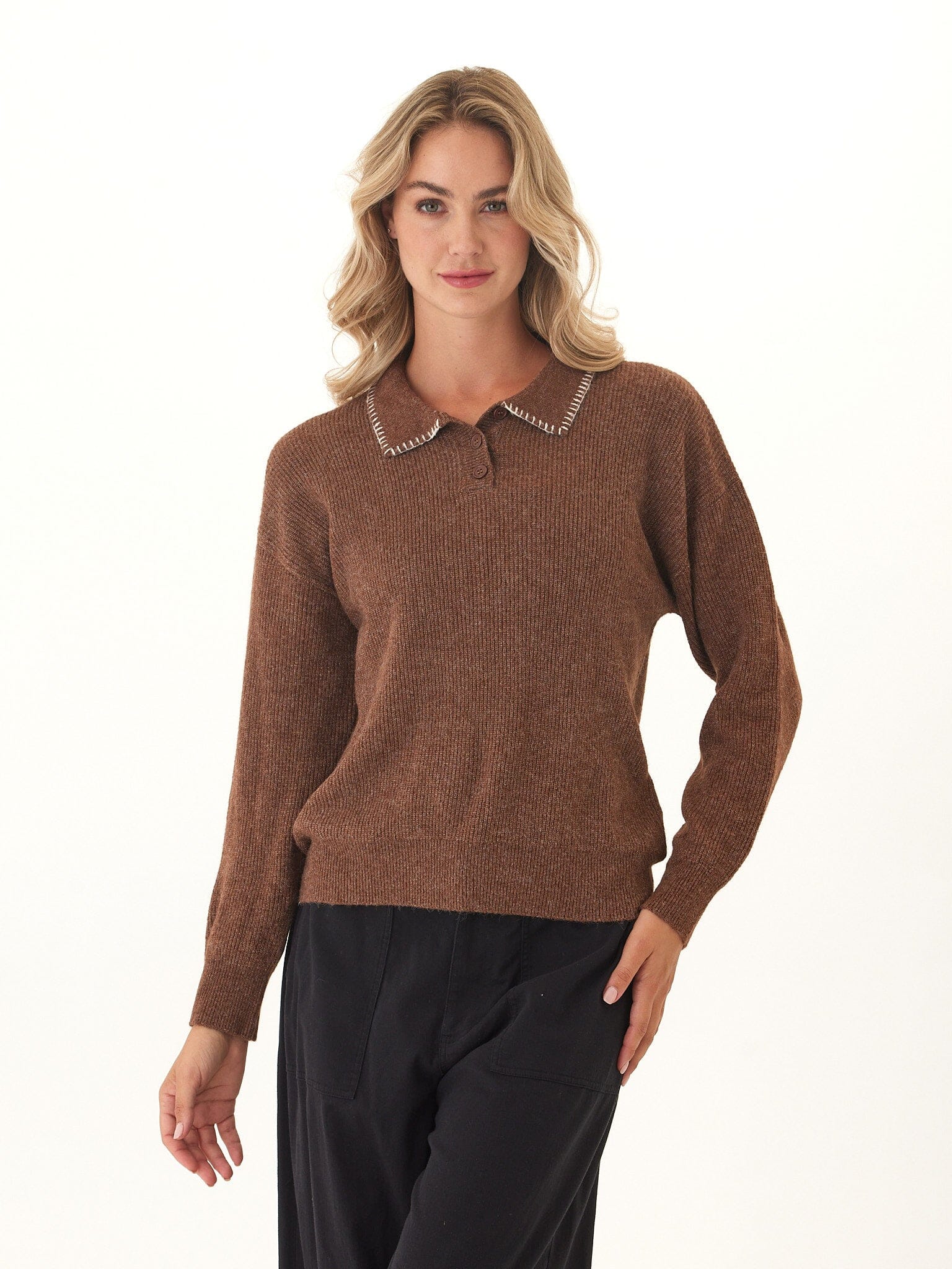 Julieta Solid Knit Long Sleeve Polo Sweater in Praline