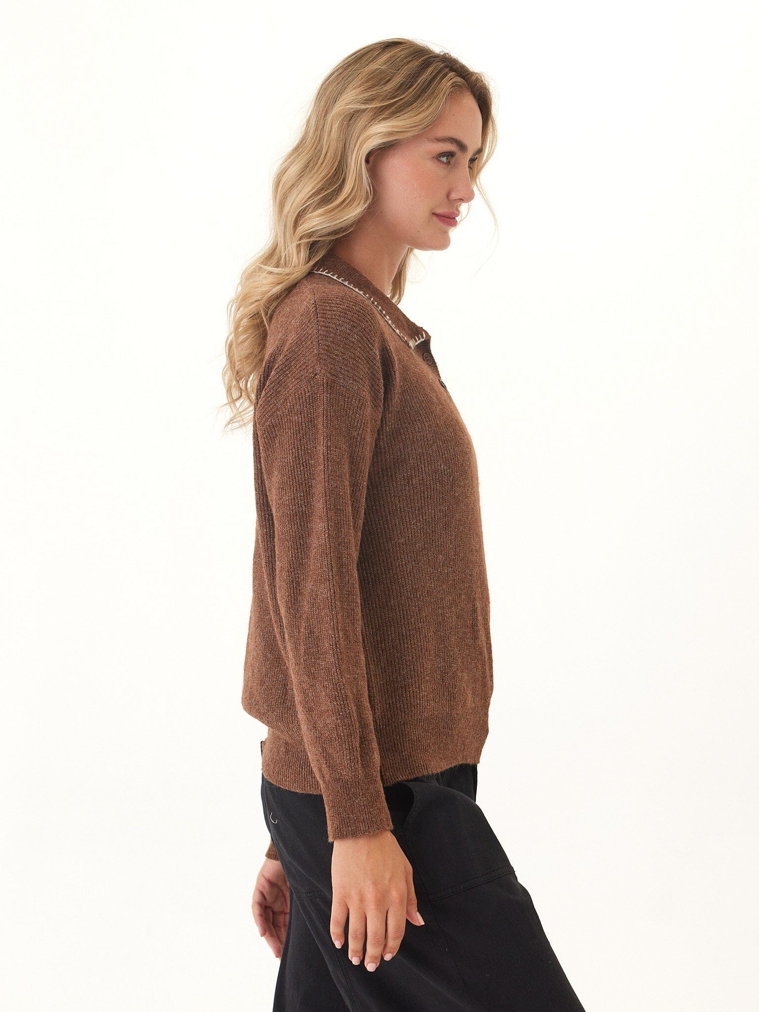 Julieta Solid Knit Long Sleeve Polo Sweater in Praline
