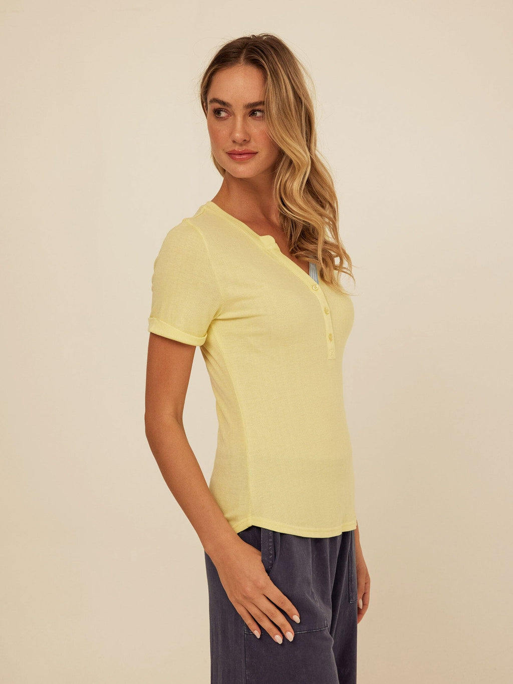 Akia Feather Rib Trim Detail Henley Tee