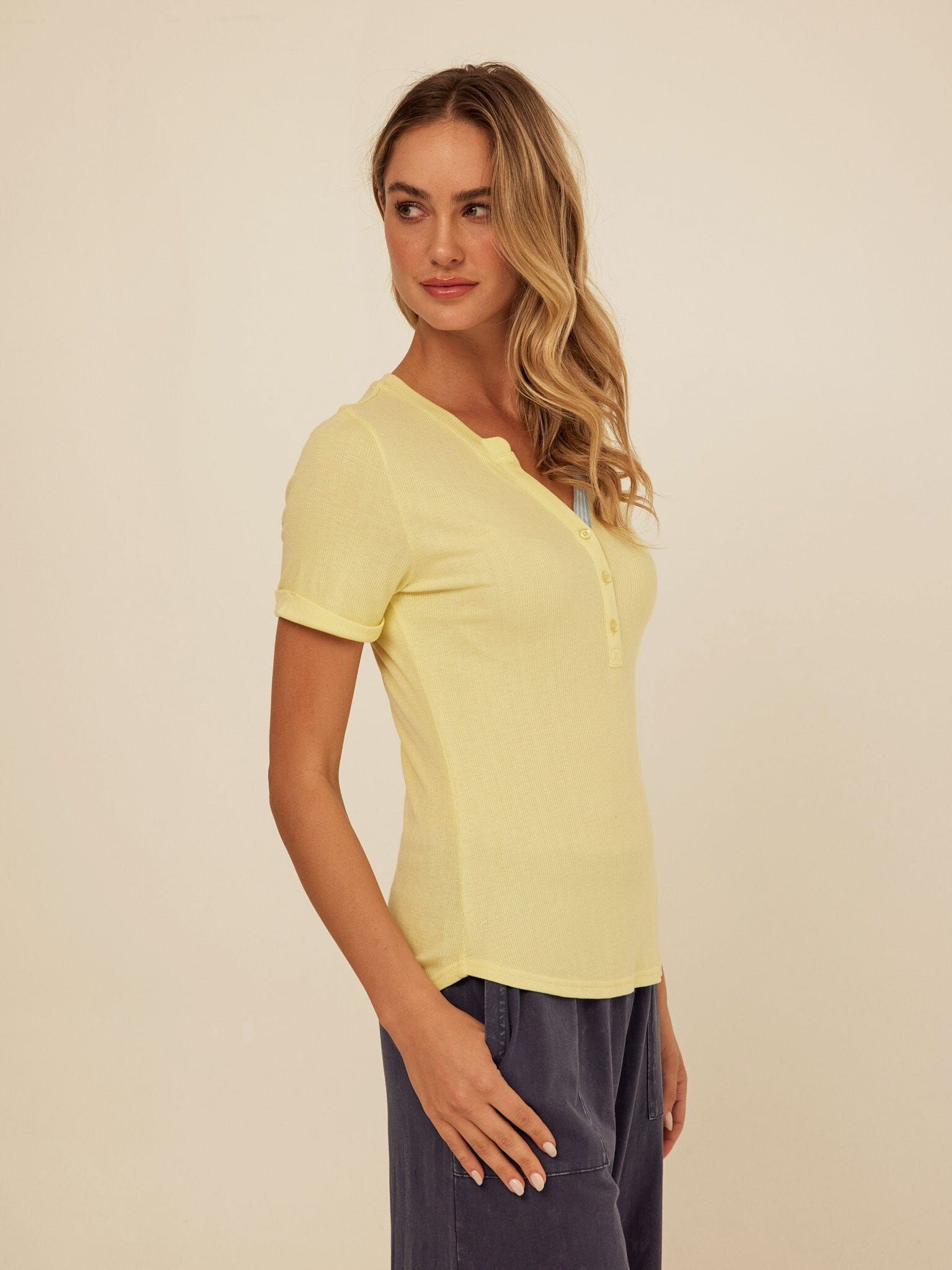Akia Feather Rib Trim Detail Henley Tee