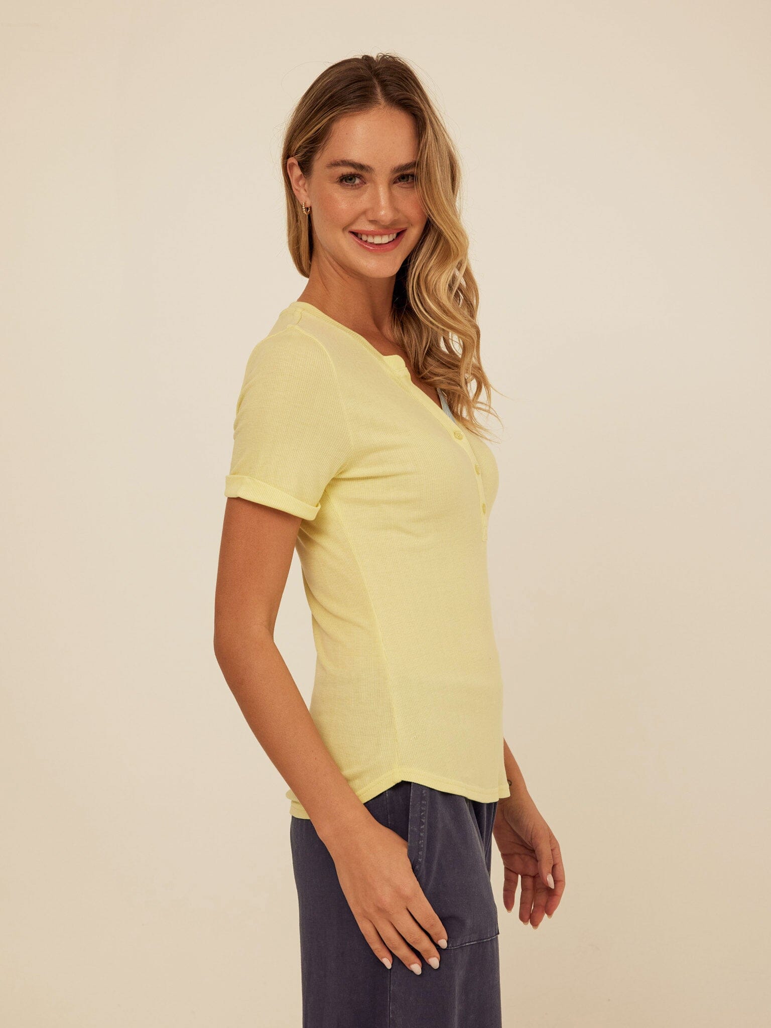 Akia Feather Rib Trim Detail Henley Tee