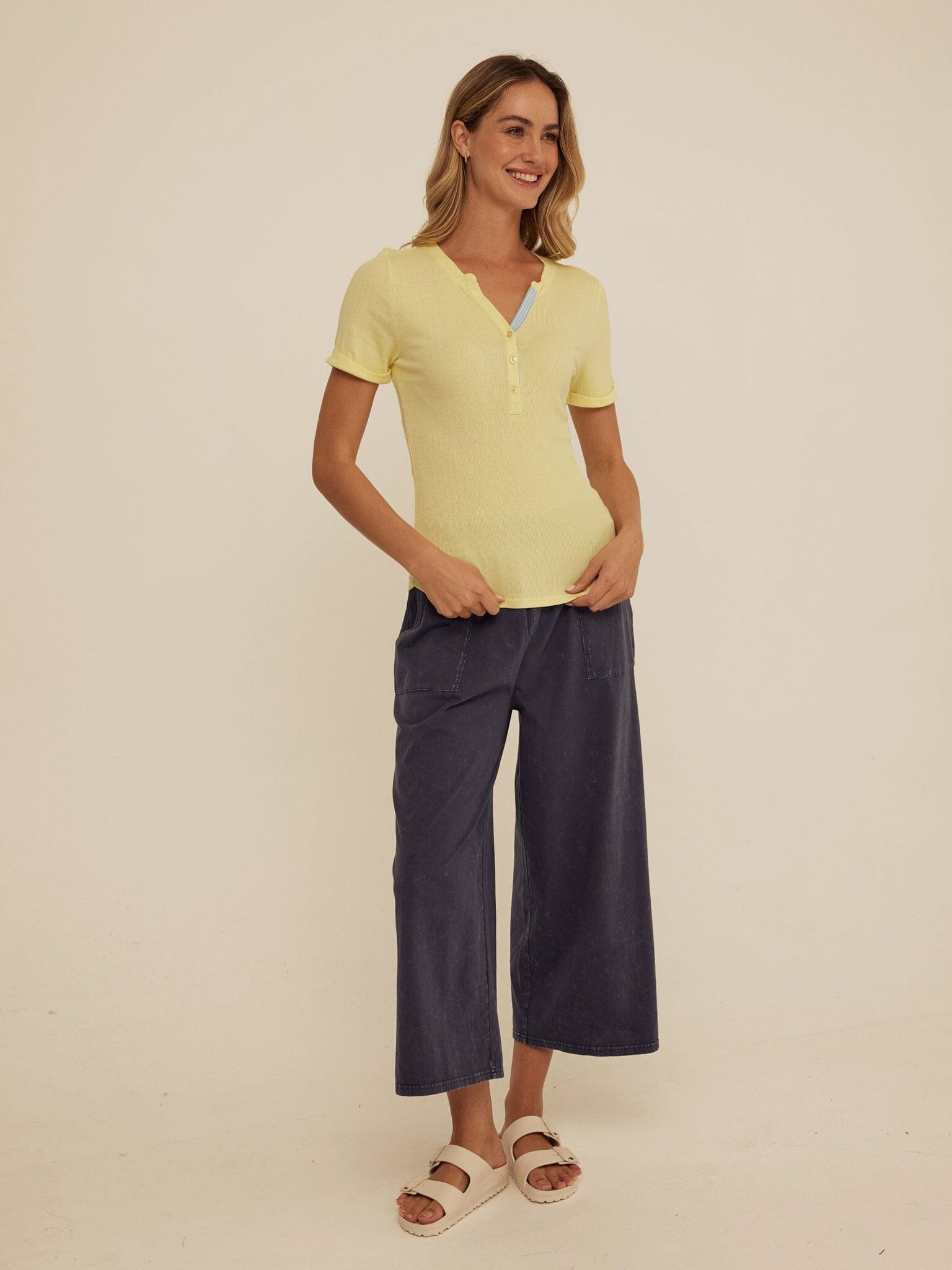 Akia Feather Rib Trim Detail Henley Tee