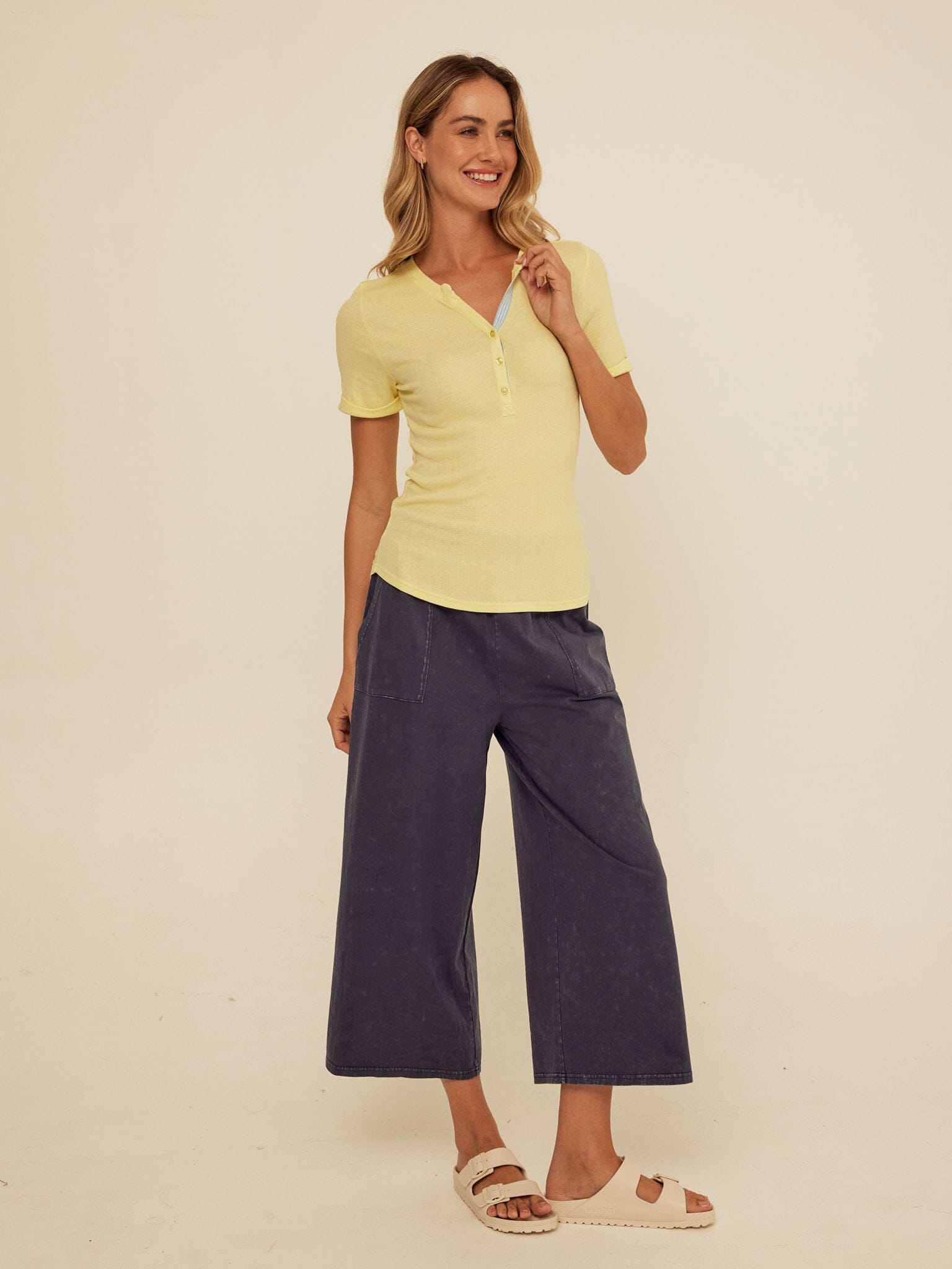 Akia Feather Rib Trim Detail Henley Tee