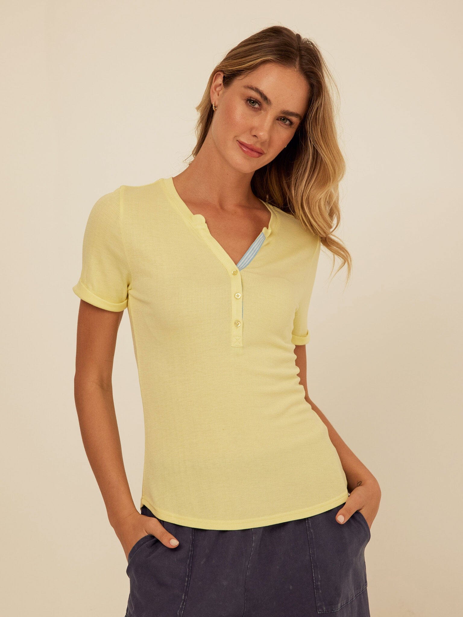 Akia Feather Rib Trim Detail Henley Tee