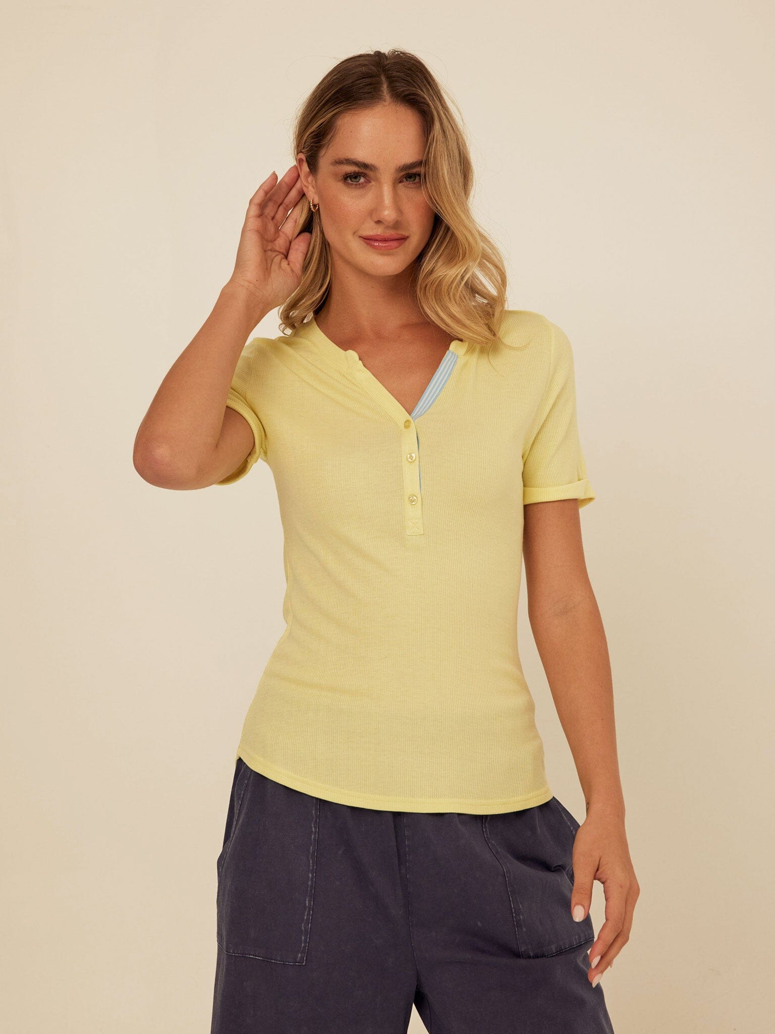 Akia Feather Rib Trim Detail Henley Tee