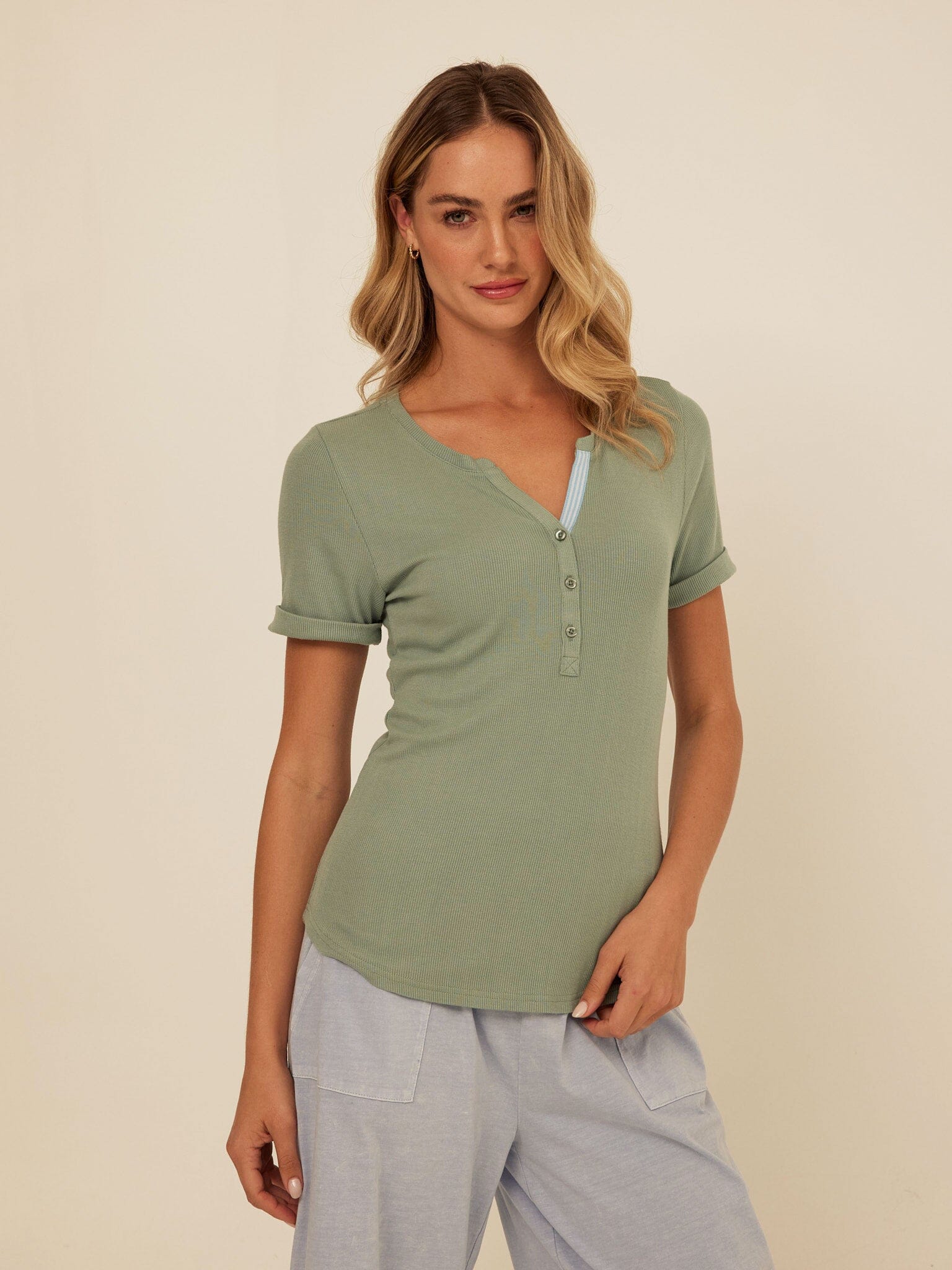 Akia Feather Rib Trim Detail Henley Tee