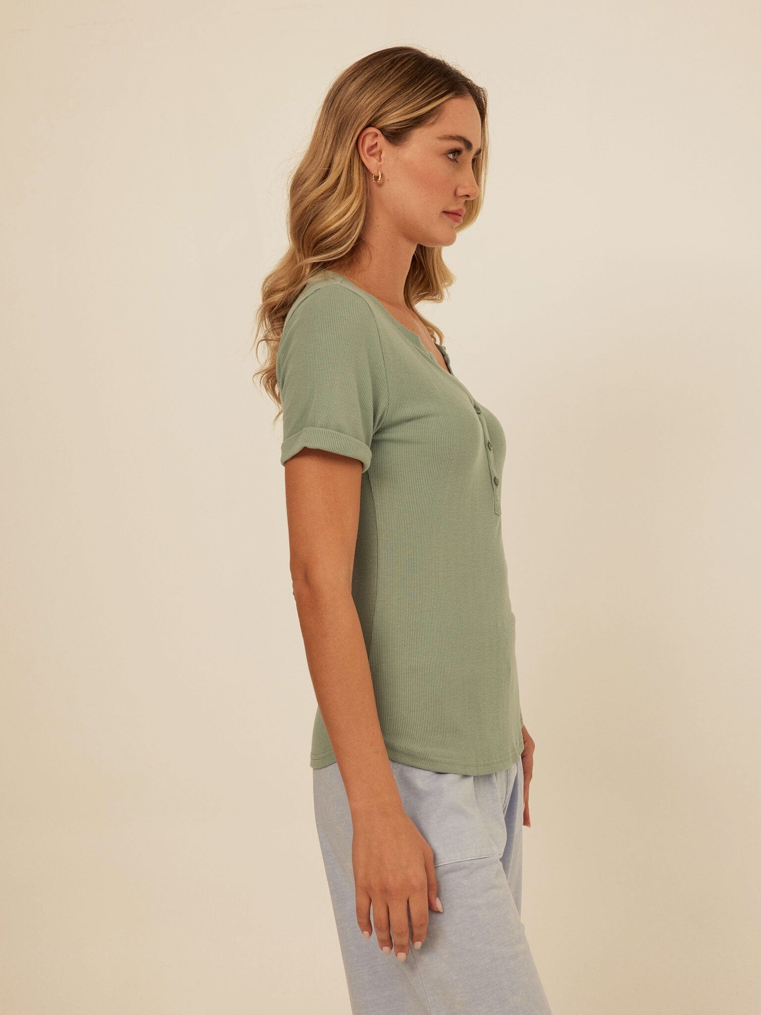 Akia Feather Rib Trim Detail Henley Tee