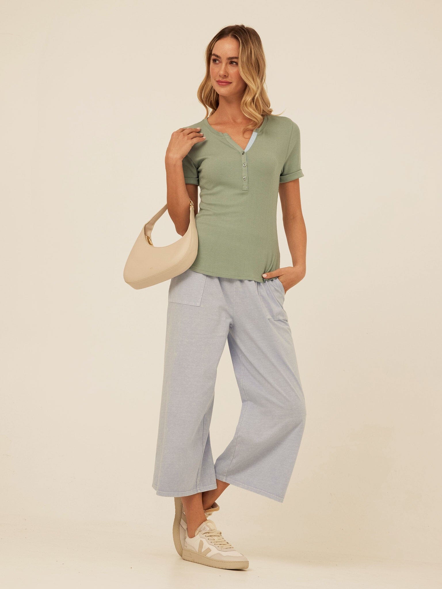 Akia Feather Rib Trim Detail Henley Tee