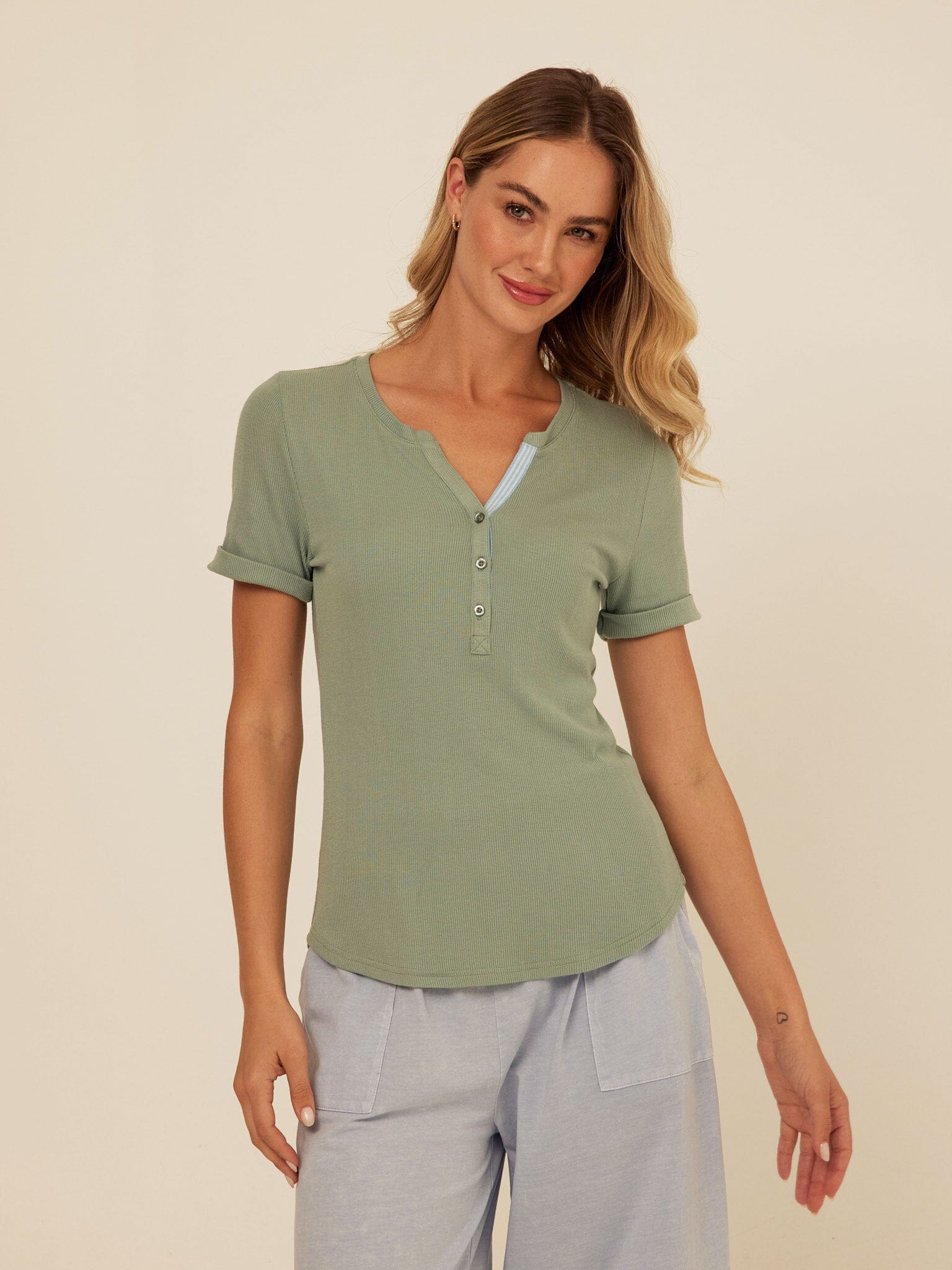 Akia Feather Rib Trim Detail Henley Tee