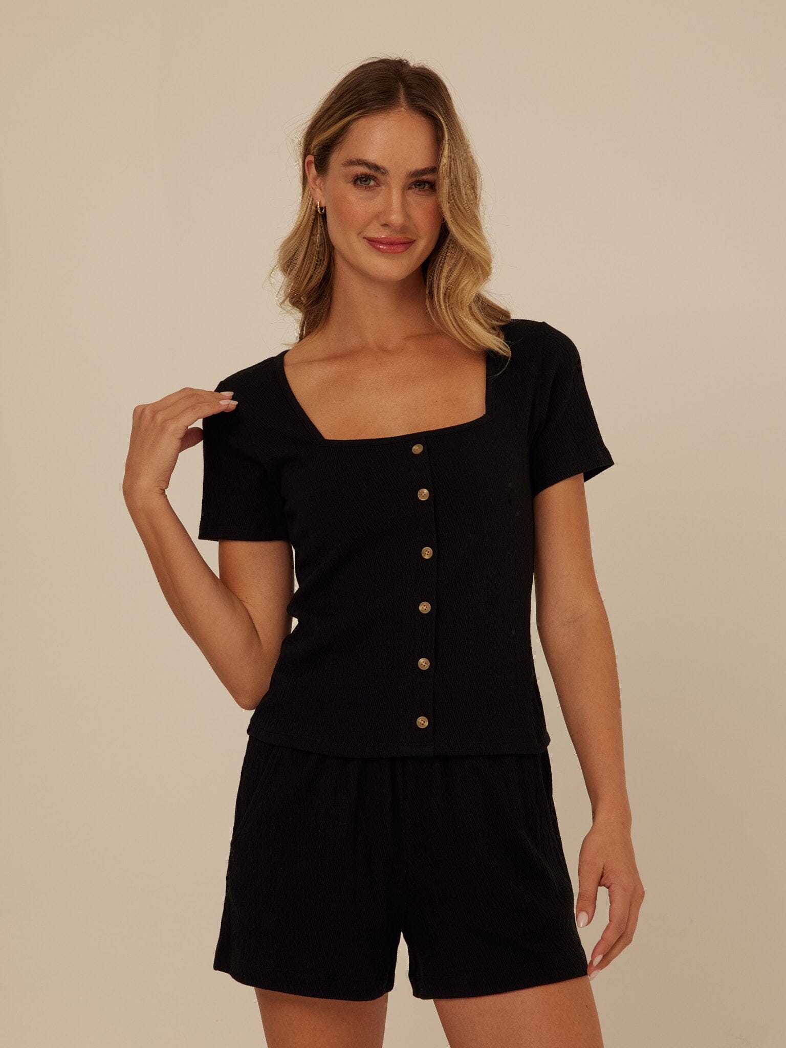Jamila Smocked Jersey Short Sleeve Top with Square Neckline