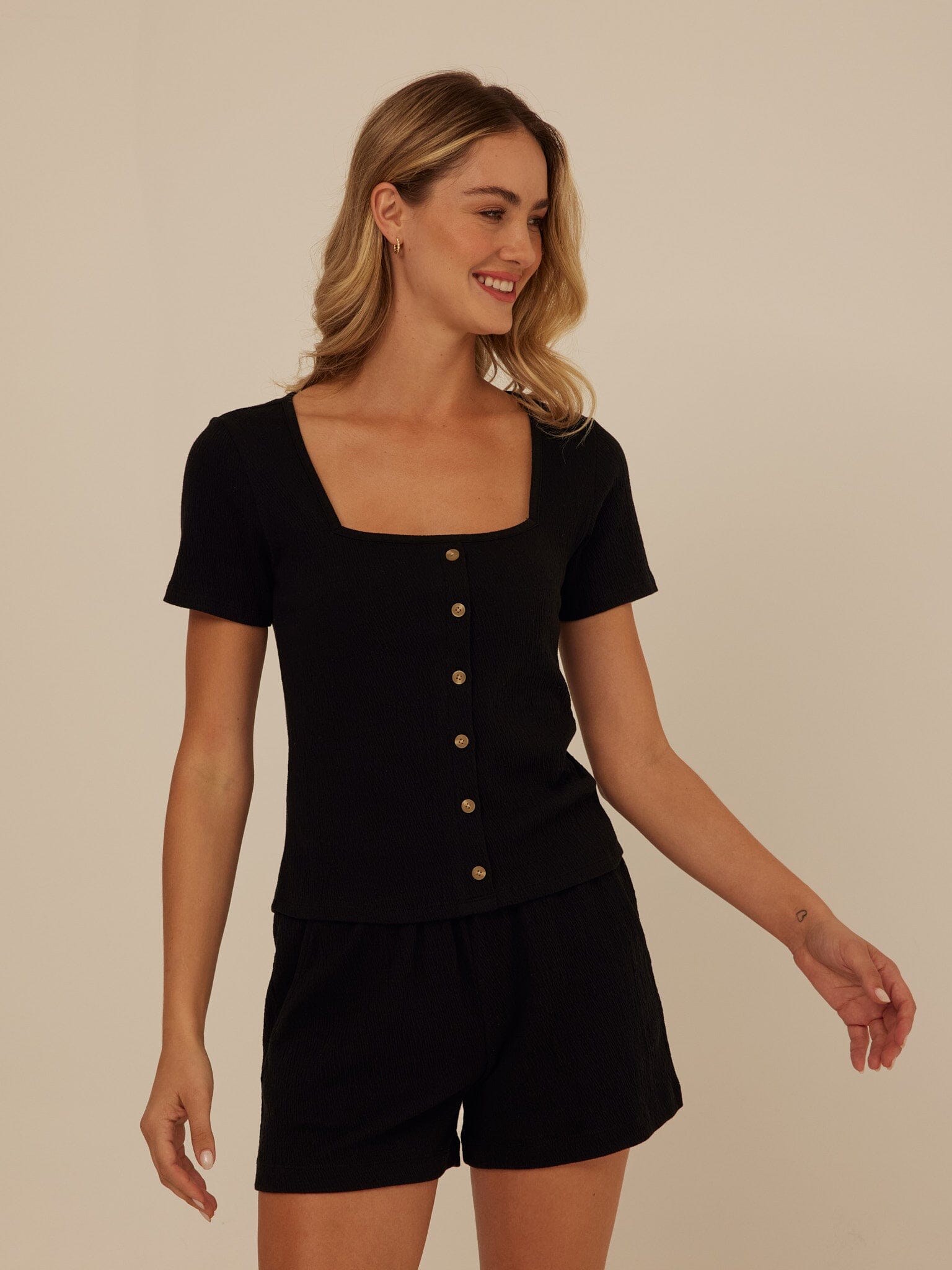 Jamila Smocked Jersey Short Sleeve Top with Square Neckline