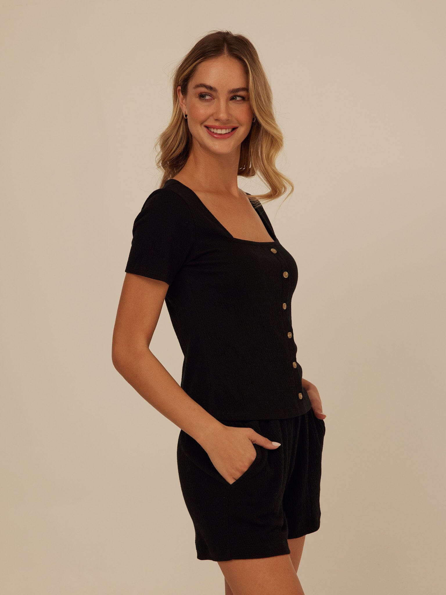 Jamila Smocked Jersey Short Sleeve Top with Square Neckline
