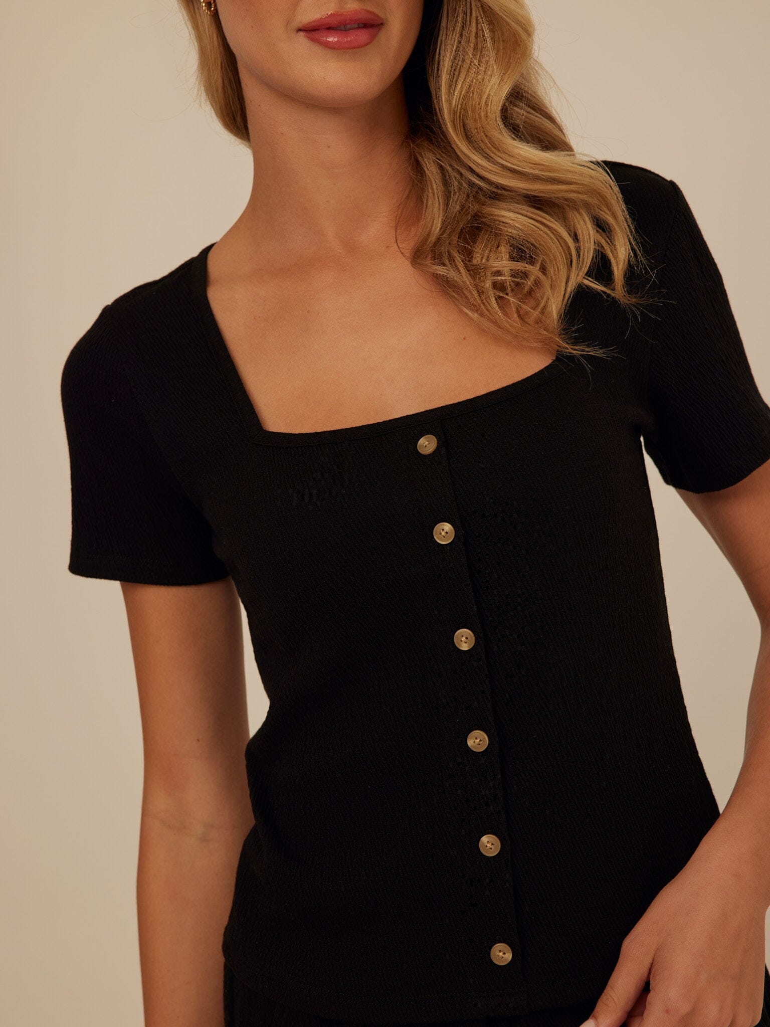 Jamila Smocked Jersey Short Sleeve Top with Square Neckline
