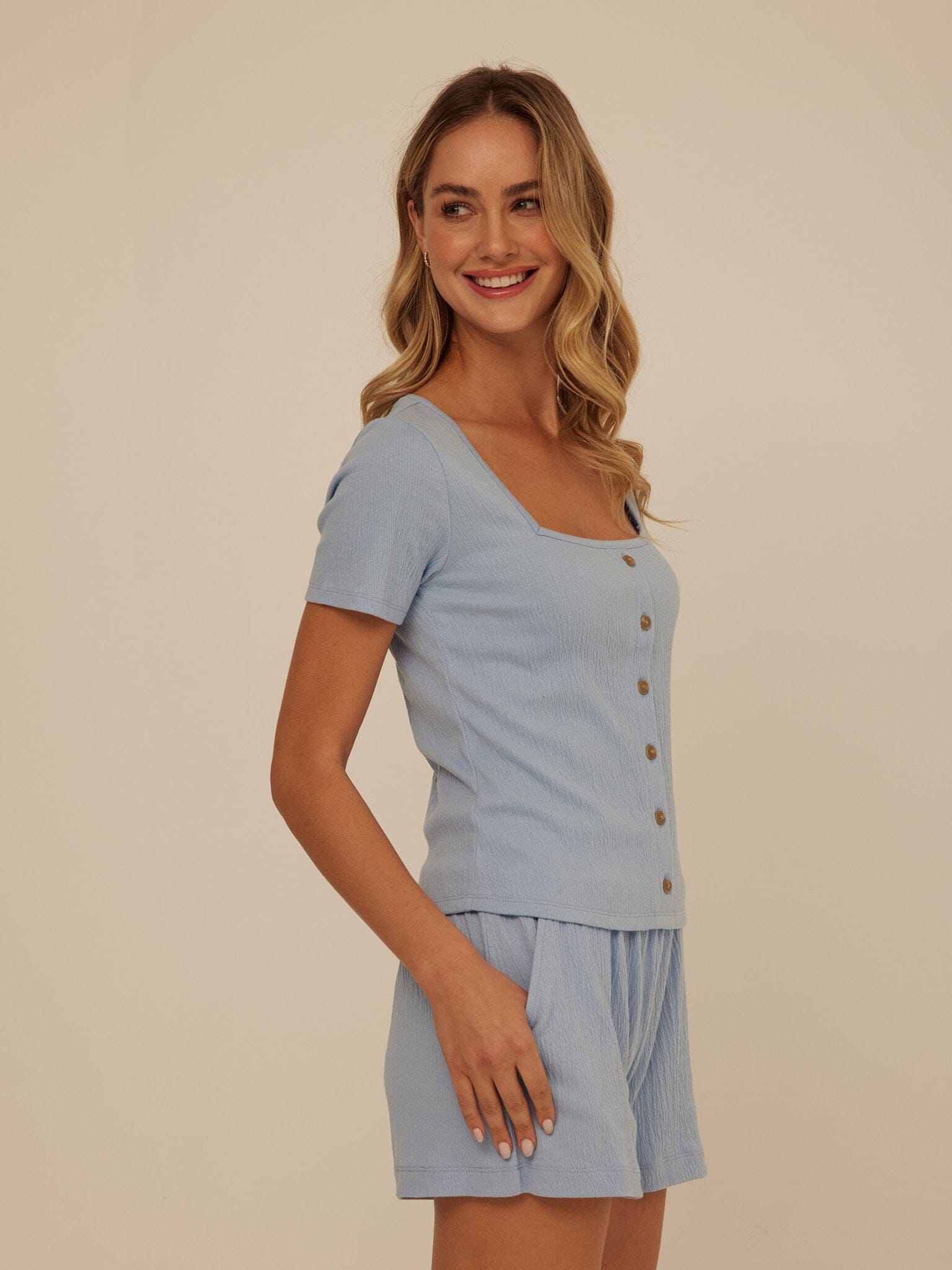 Jamila Smocked Jersey Short Sleeve Top with Square Neckline