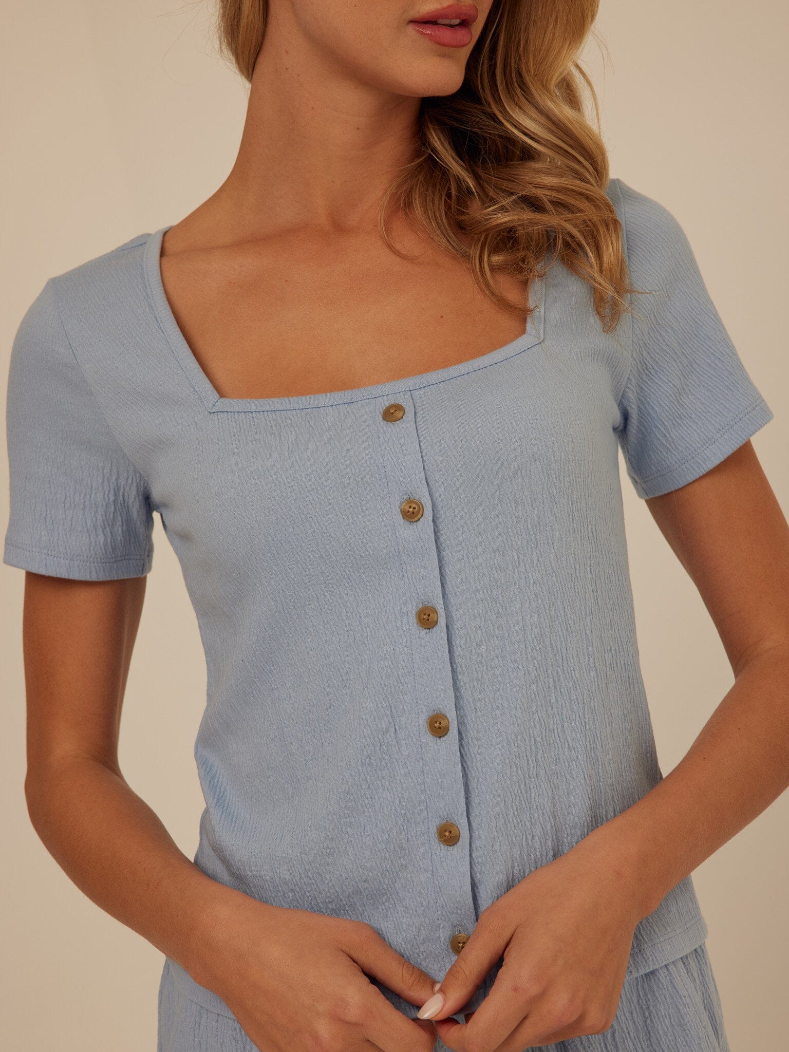 Jamila Smocked Jersey Short Sleeve Top with Square Neckline