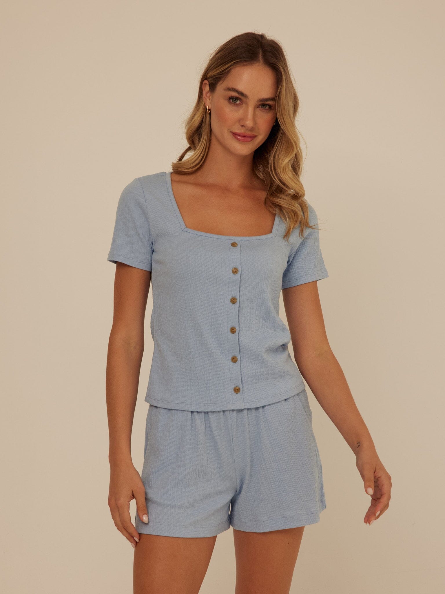 Jamila Smocked Jersey Short Sleeve Top with Square Neckline