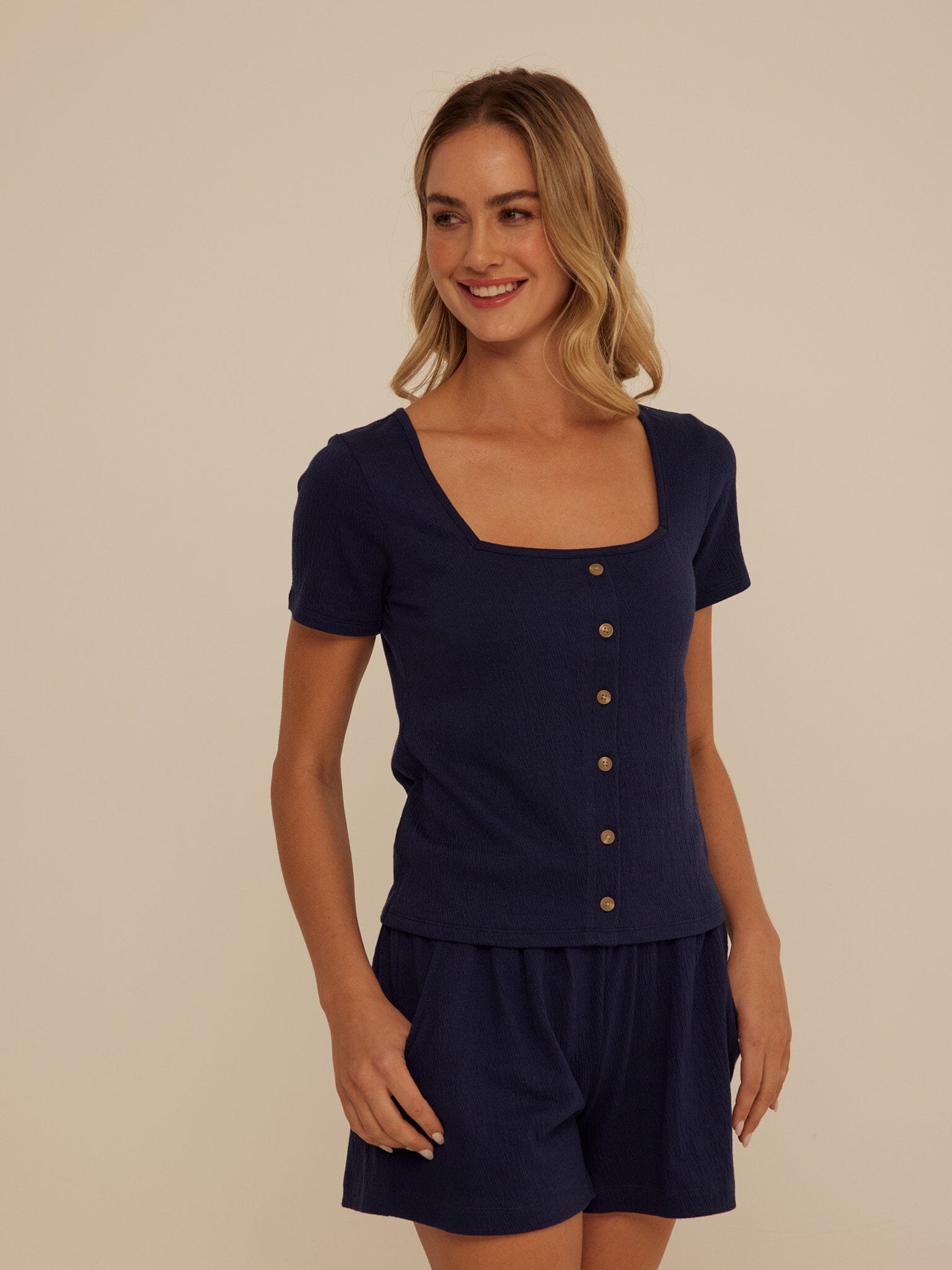 Jamila Smocked Jersey Short Sleeve Top with Square Neckline