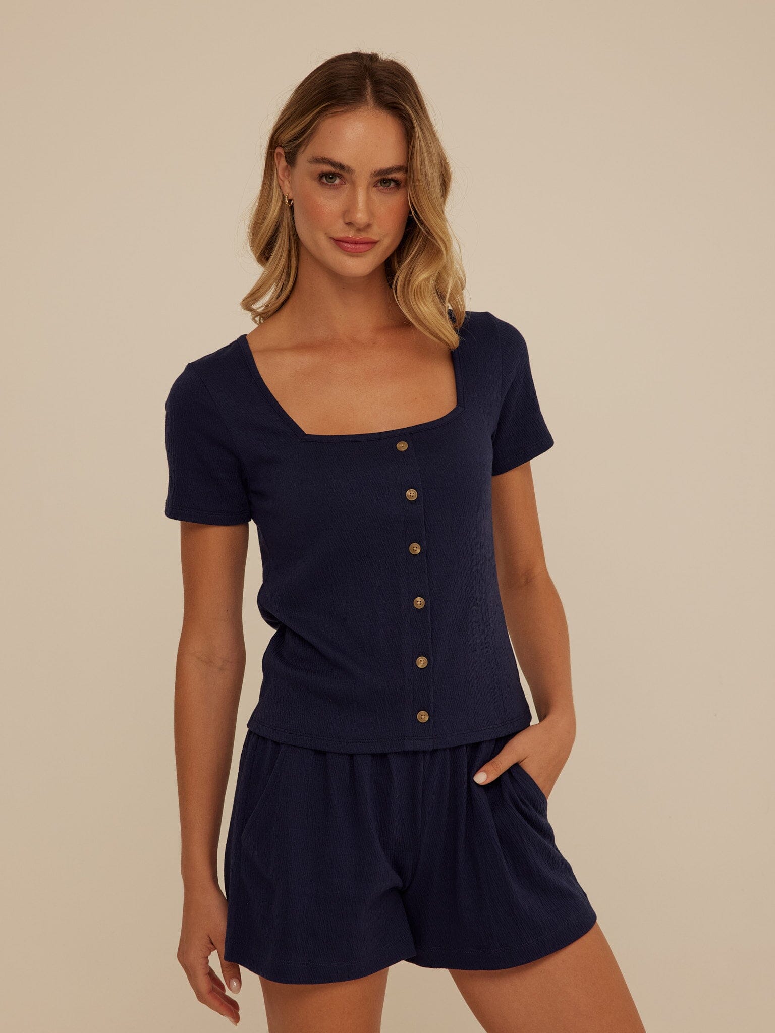Jamila Smocked Jersey Short Sleeve Top with Square Neckline