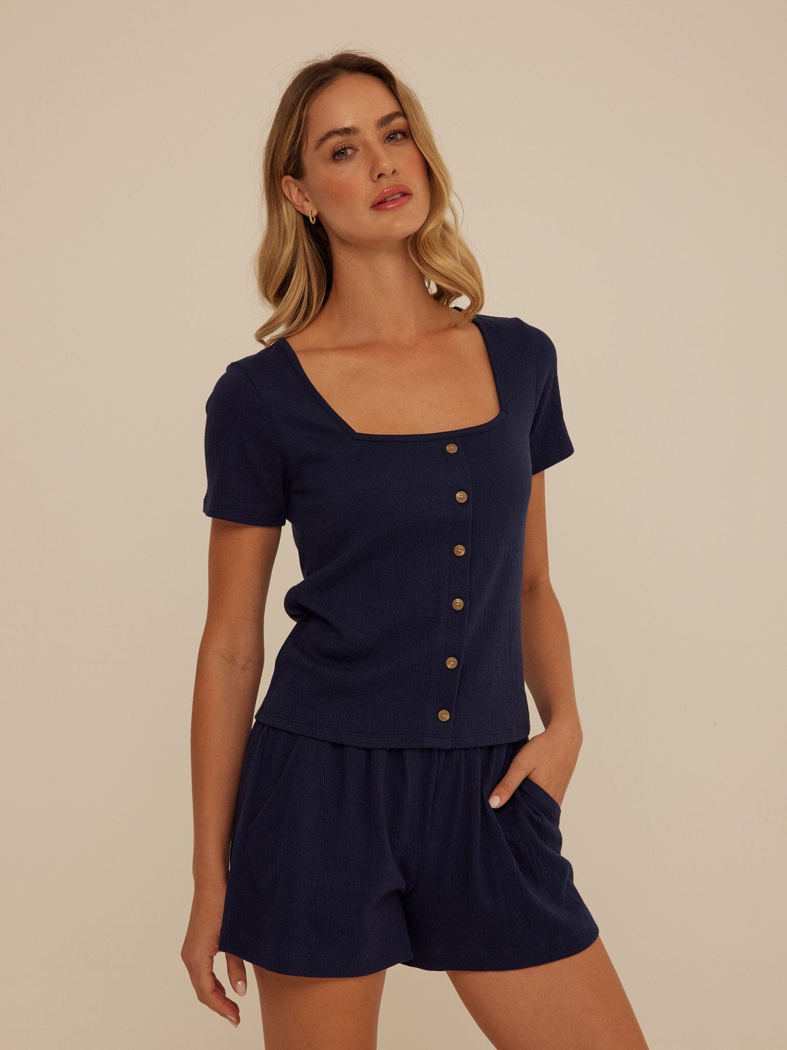 Jamila Smocked Jersey Short Sleeve Top with Square Neckline