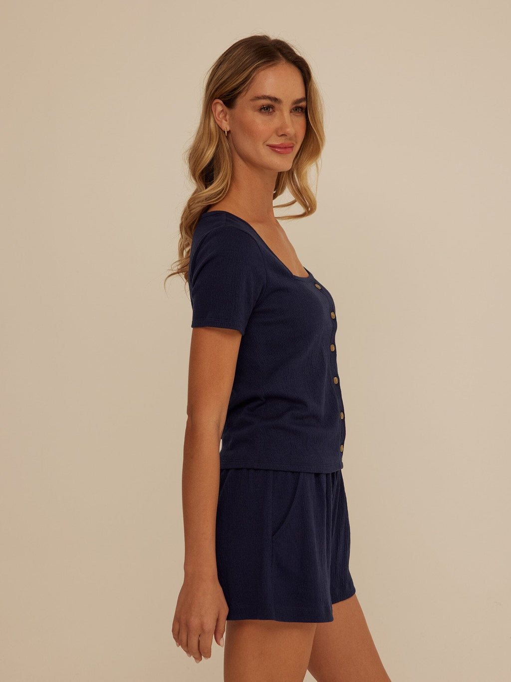 Jamila Smocked Jersey Short Sleeve Top with Square Neckline