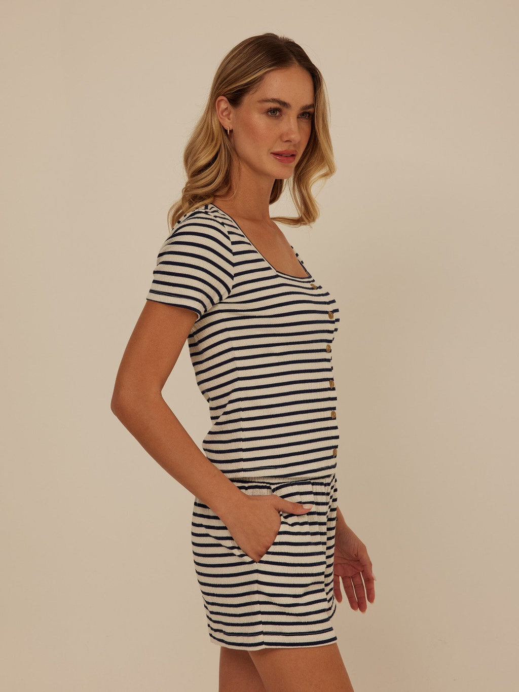 Jamila Smocked Jersey Short Sleeve Top with Square Neckline